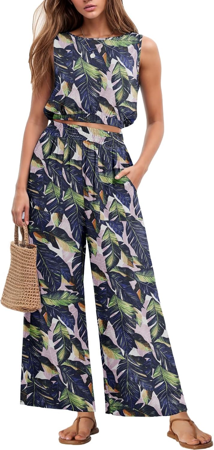 GRECERELLE Two Piece Sets for Women Sleeveless Crop Top Pants