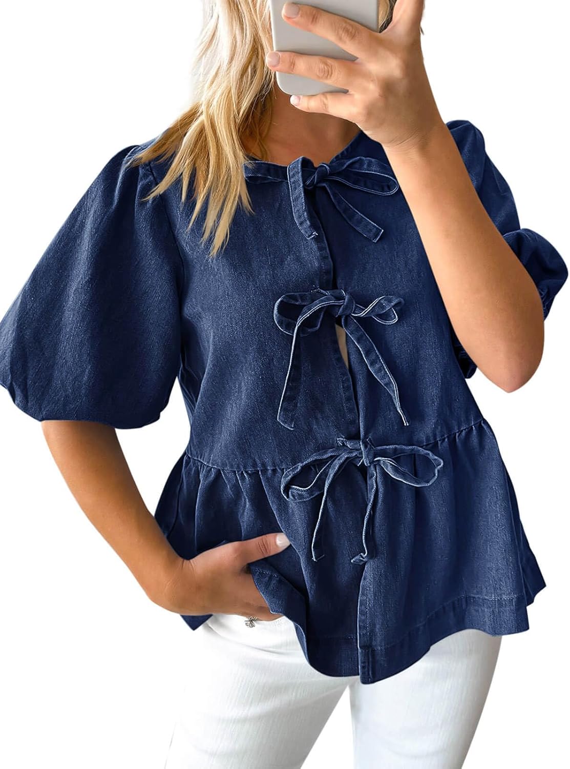 Tankaneo Womens Denim Tie Front Tops for Casual Summer Style