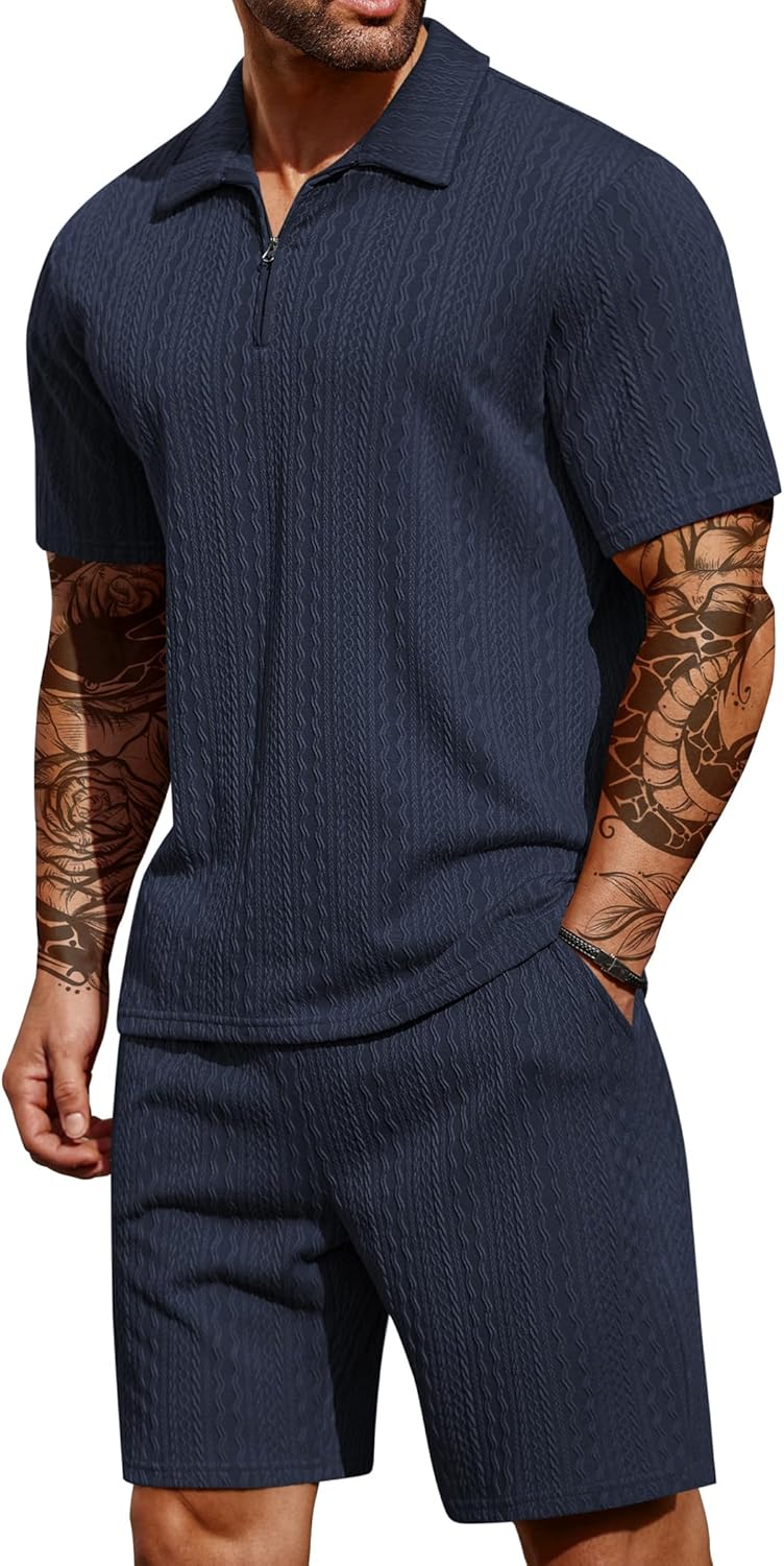 COOFANDY Men's Casual Quarter Zip Polo Shirt and Shorts Set