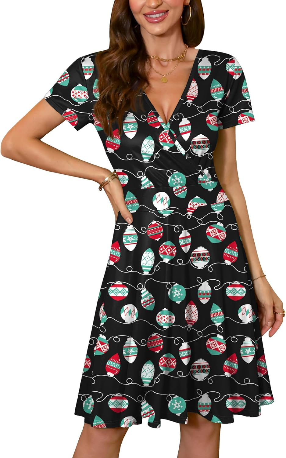 Stylish Christmas Short Sleeve V Neck Wrap Dress for Women
