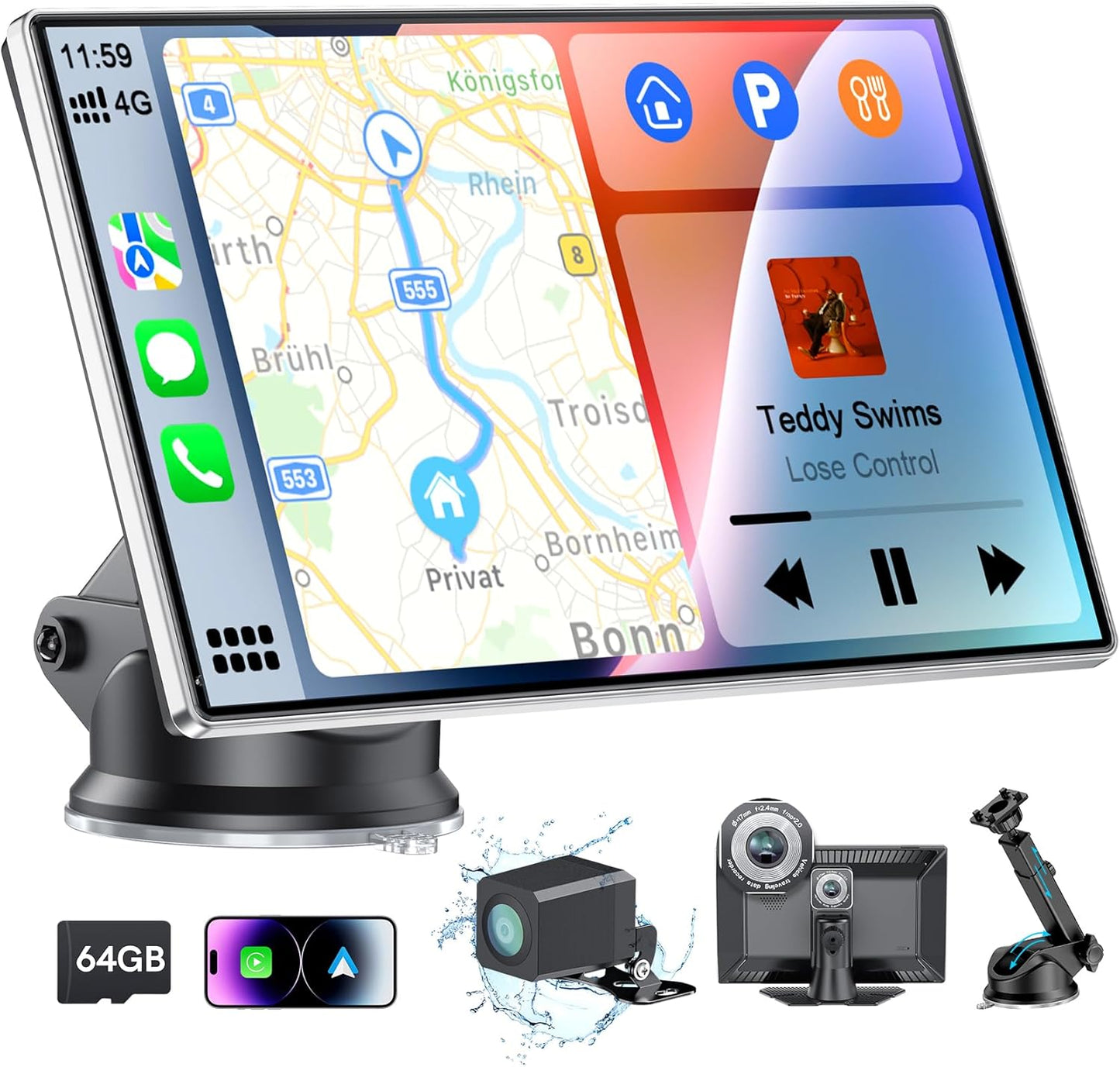 9 Inch Portable CarPlay Screen with 4K Dash Cam and Bluetooth