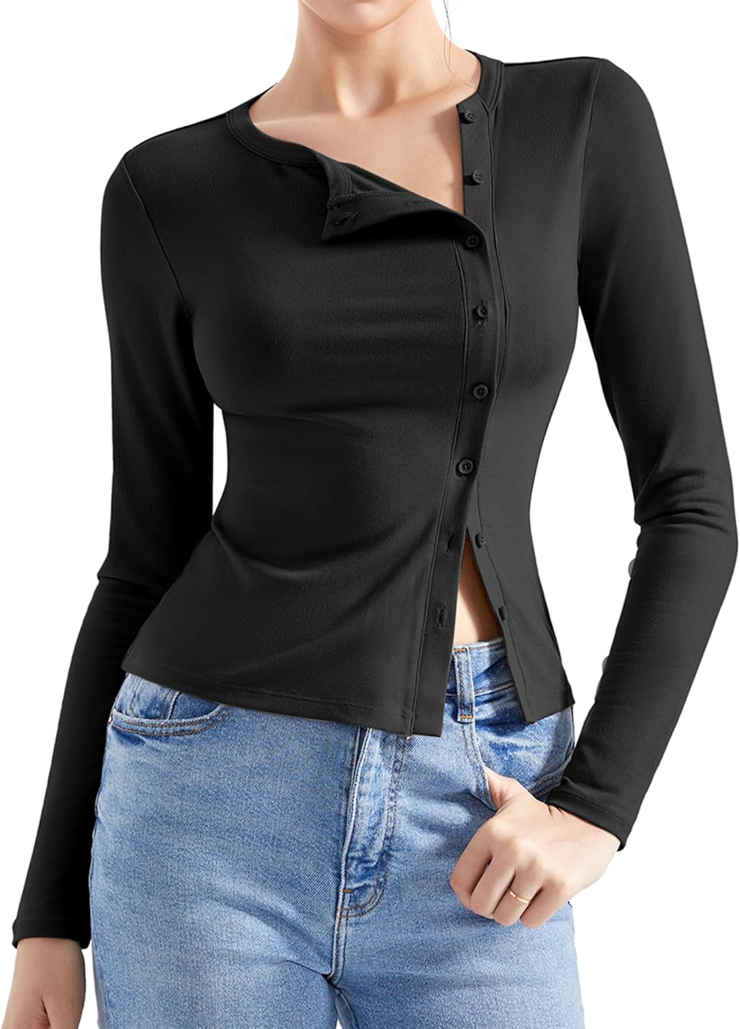 Stylish Long Sleeve Button Down Ribbed Tops for Women