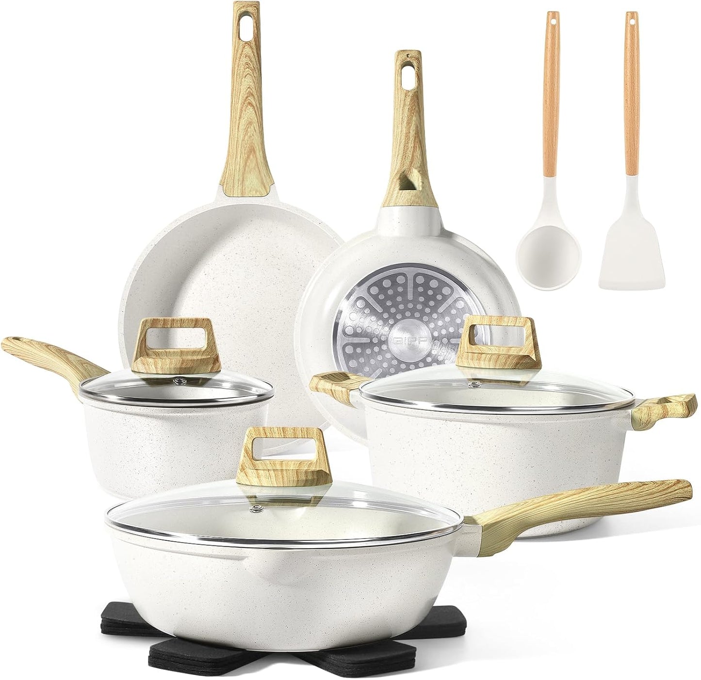 GiPP Pots and Pans Set Non Stick - 14 Pcs White Granite Cookware