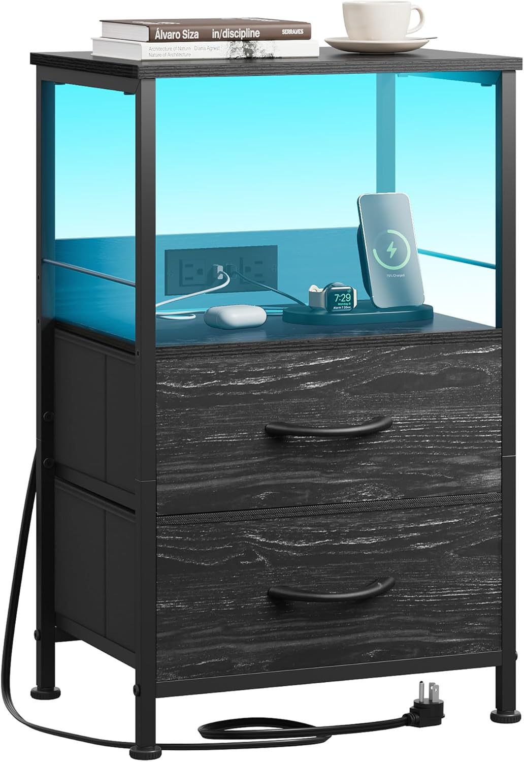 WLIVE Night Stand with Charger Station and LED Lights for Bedroom