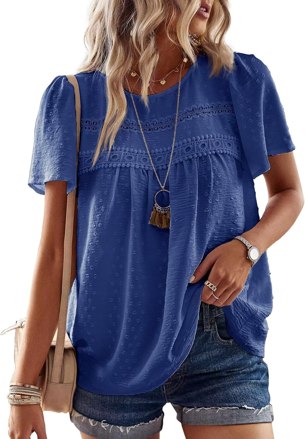 Womens Summer Tops Crewneck Short Sleeve Casual Chiffon Blouses