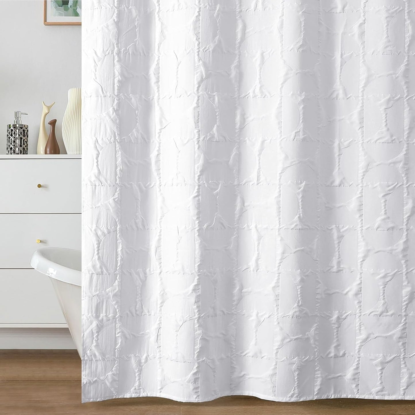 3D Geometric Embossed White Shower Curtain Set - Mildew Resistant