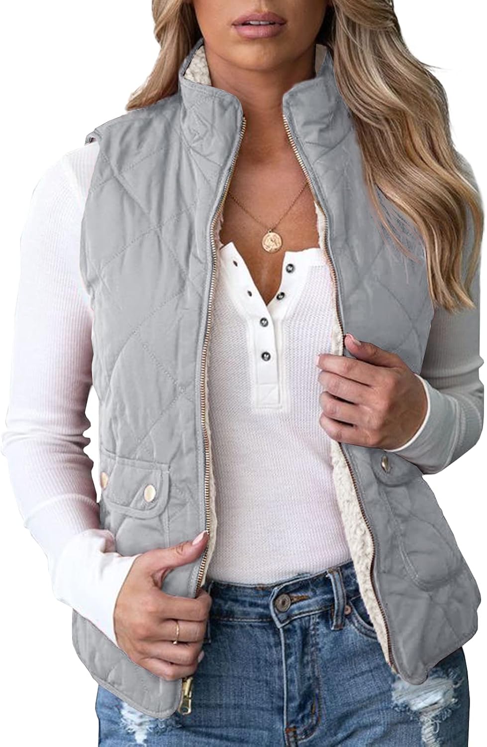 Womens Reversible Quilted Sherpa Fleece Vest - Lightweight Jacket