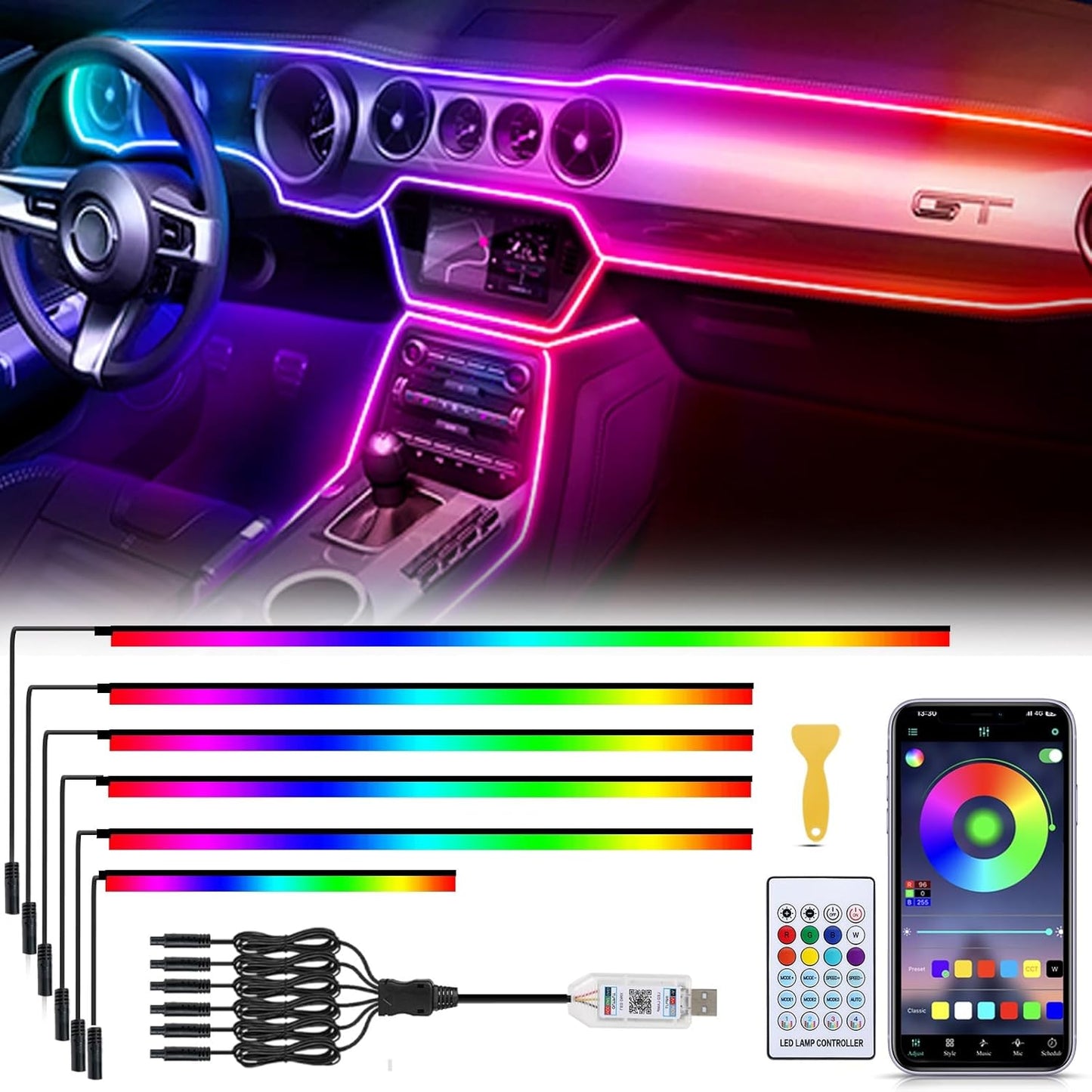 Acrylic 6 in 1 Car LED Lights Interior with RGB Ambient Lighting