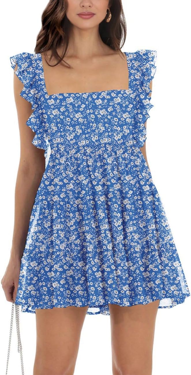 Womens Summer Square Neck Tie Back Ruffle Sleeve Mini Dress