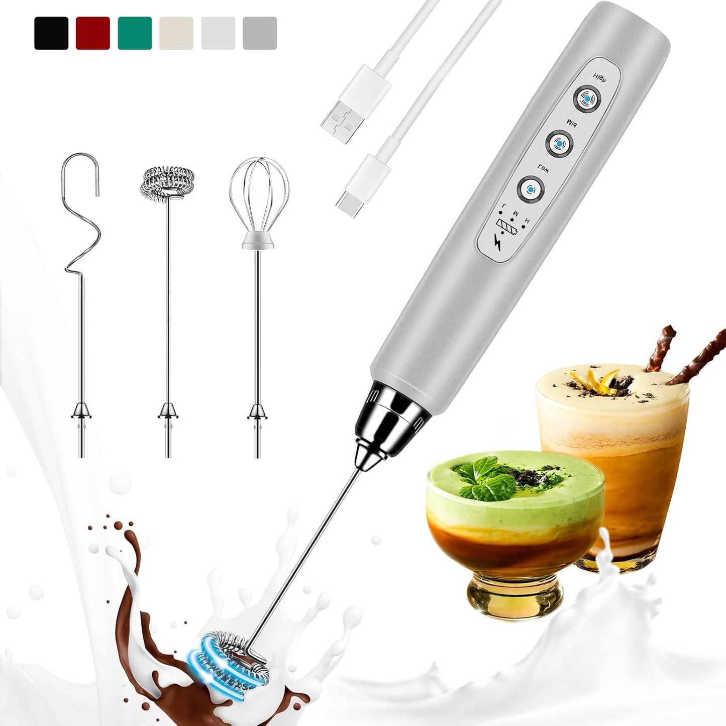 Rechargeable Handheld Milk Frother - 3 Whisks - Versatile Use