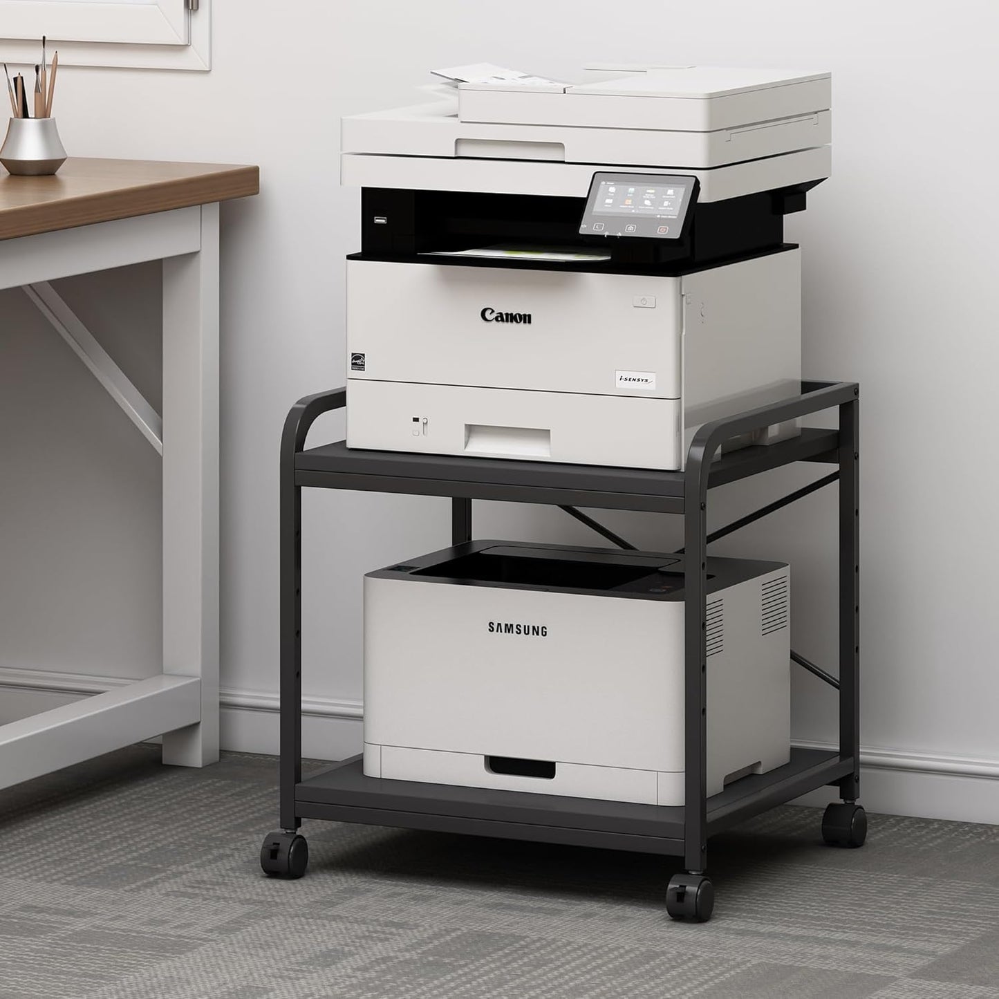 2 Tier Under Desk Printer Stand with Adjustable Height and Wheels