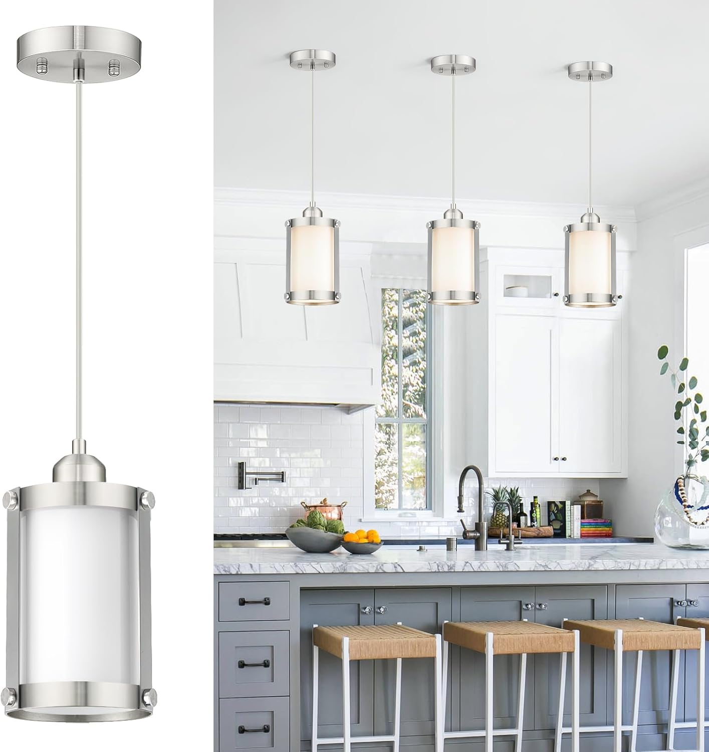Brushed Nickel Pendant Lights for Kitchen Island - Modern Mini Fixture