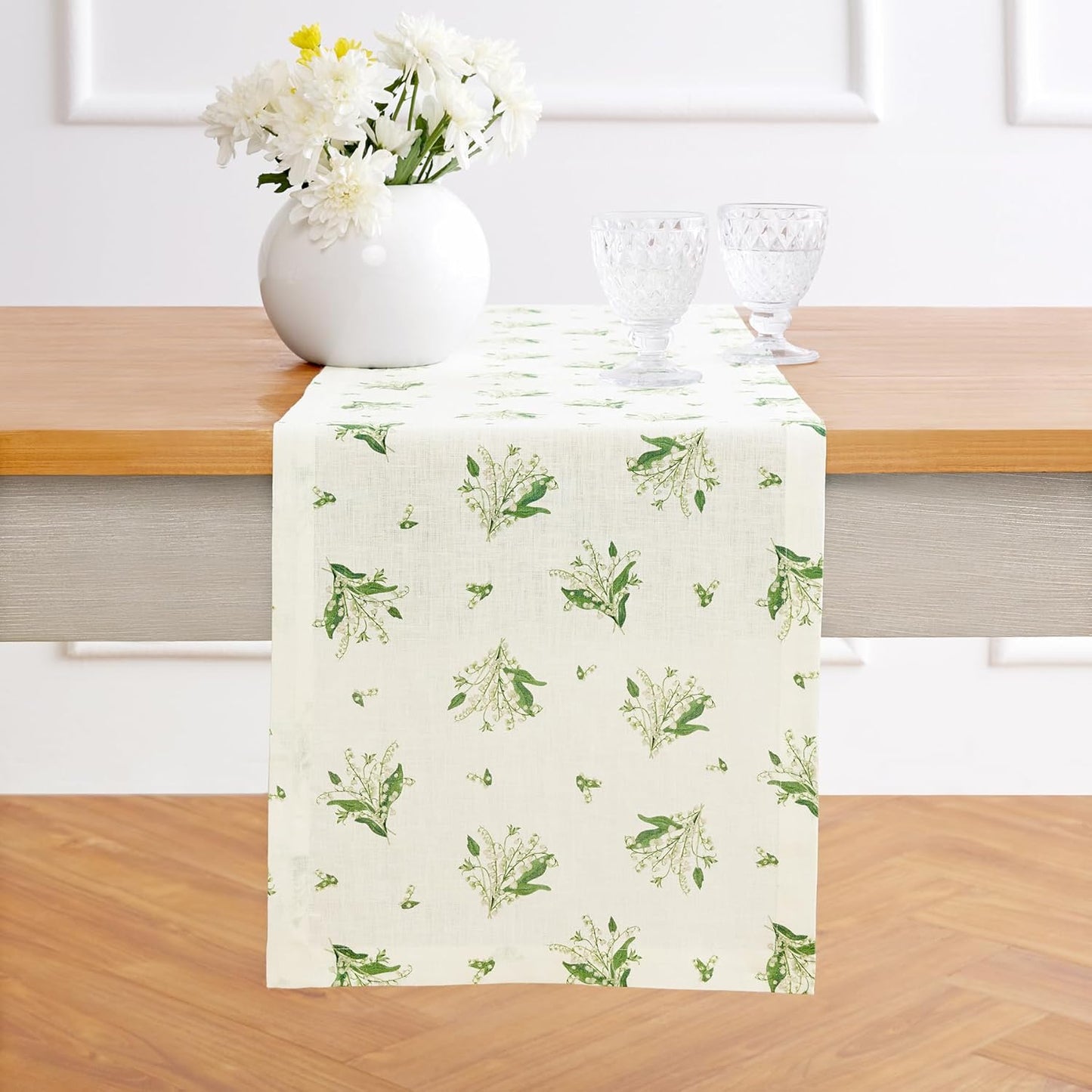 Lily Floral Print Table Runner - 100% Pure Linen 14 x 108 in