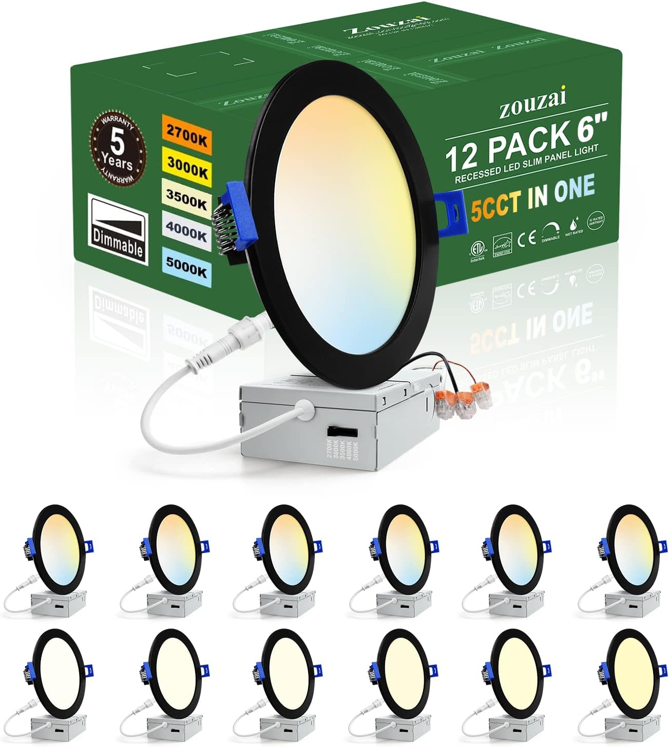 12 Pack 6 Inch LED Recessed Ceiling Light with 5CCT Options