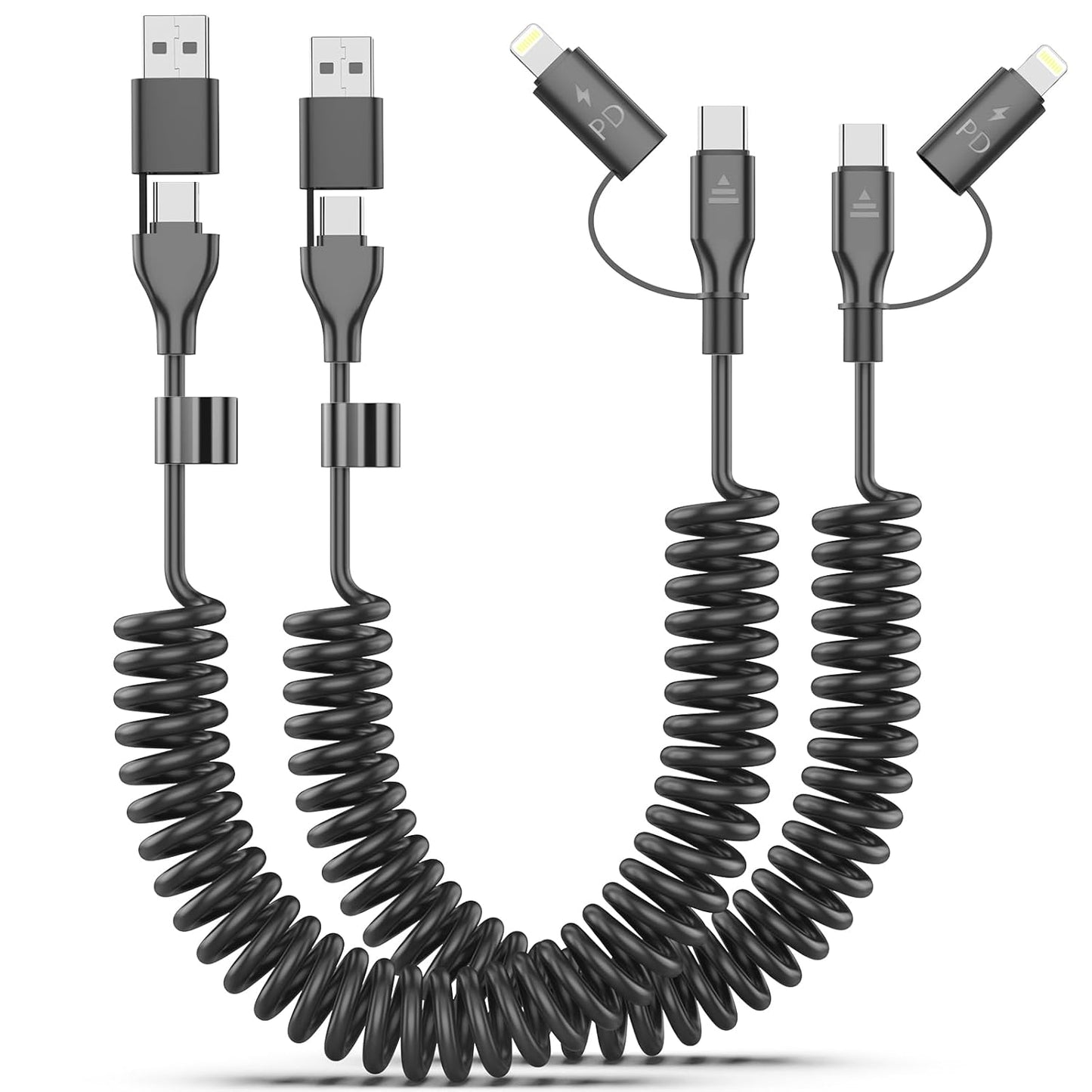 Fast Charging Coiled USB C Cable 2 Pack - iPhone 15 Car Charger