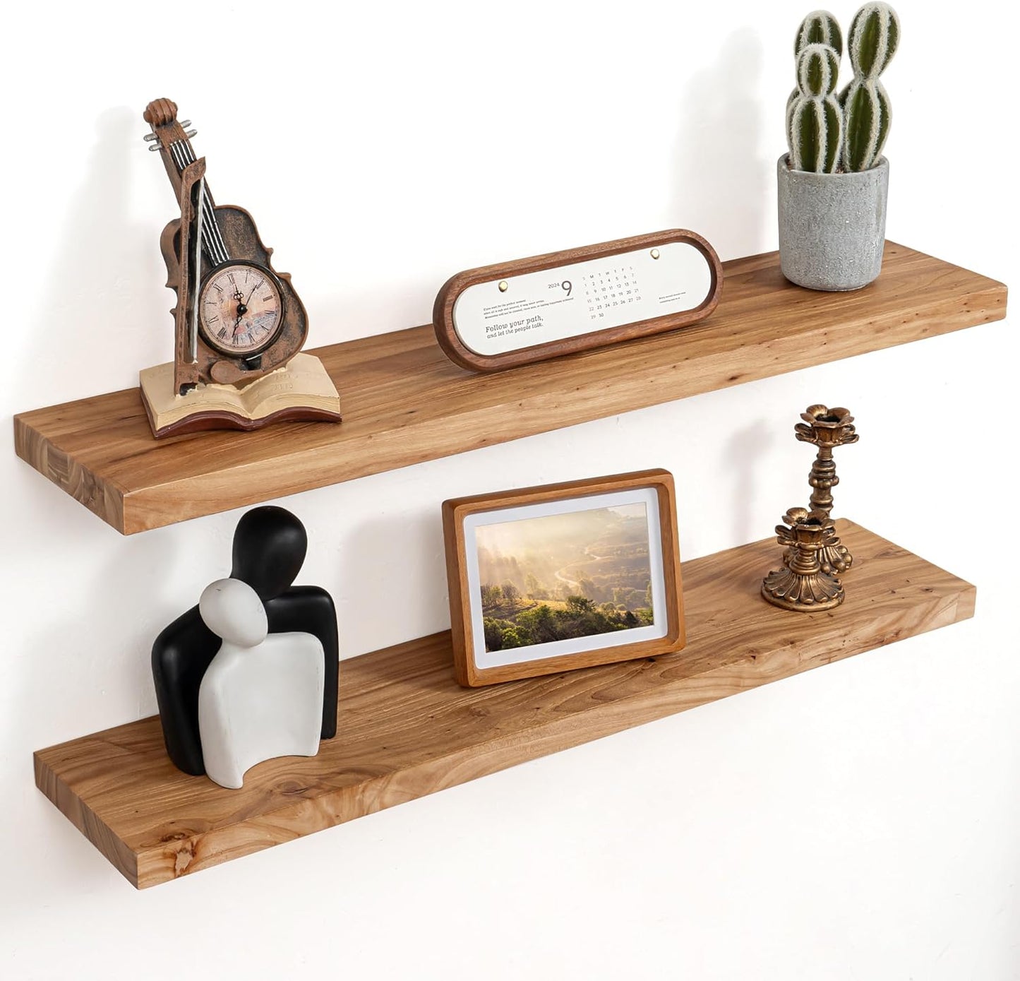 Rustic Solid Elm Wood Floating Shelves for Wall Decor