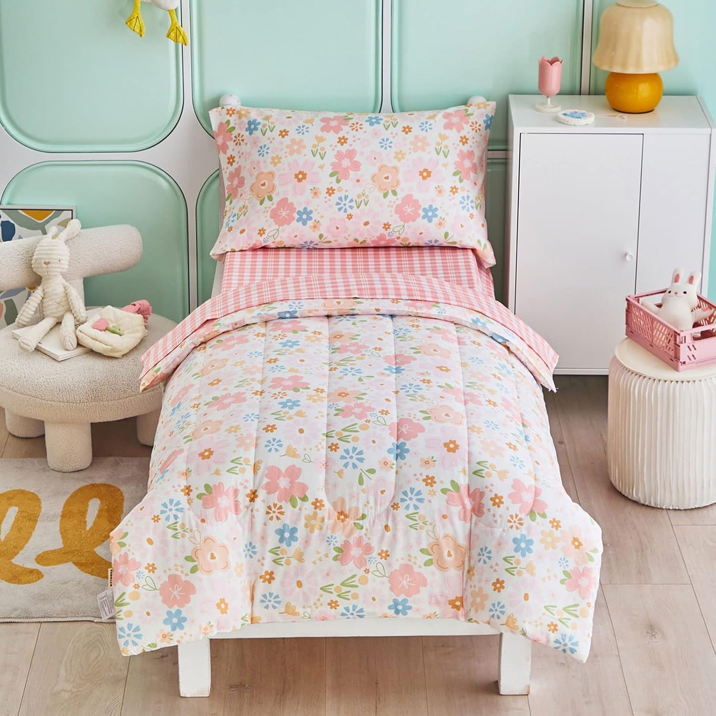 Joyreap 4 Piece Cotton Toddler Bedding Set for Girls in Pink