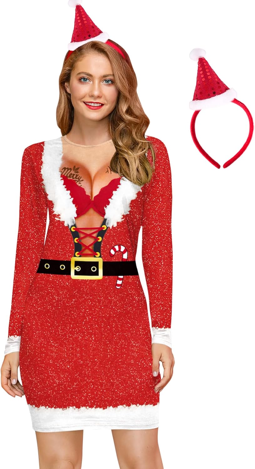 Christmas Long Sleeve Bodycon Ugly Print Dress with Hair Band
