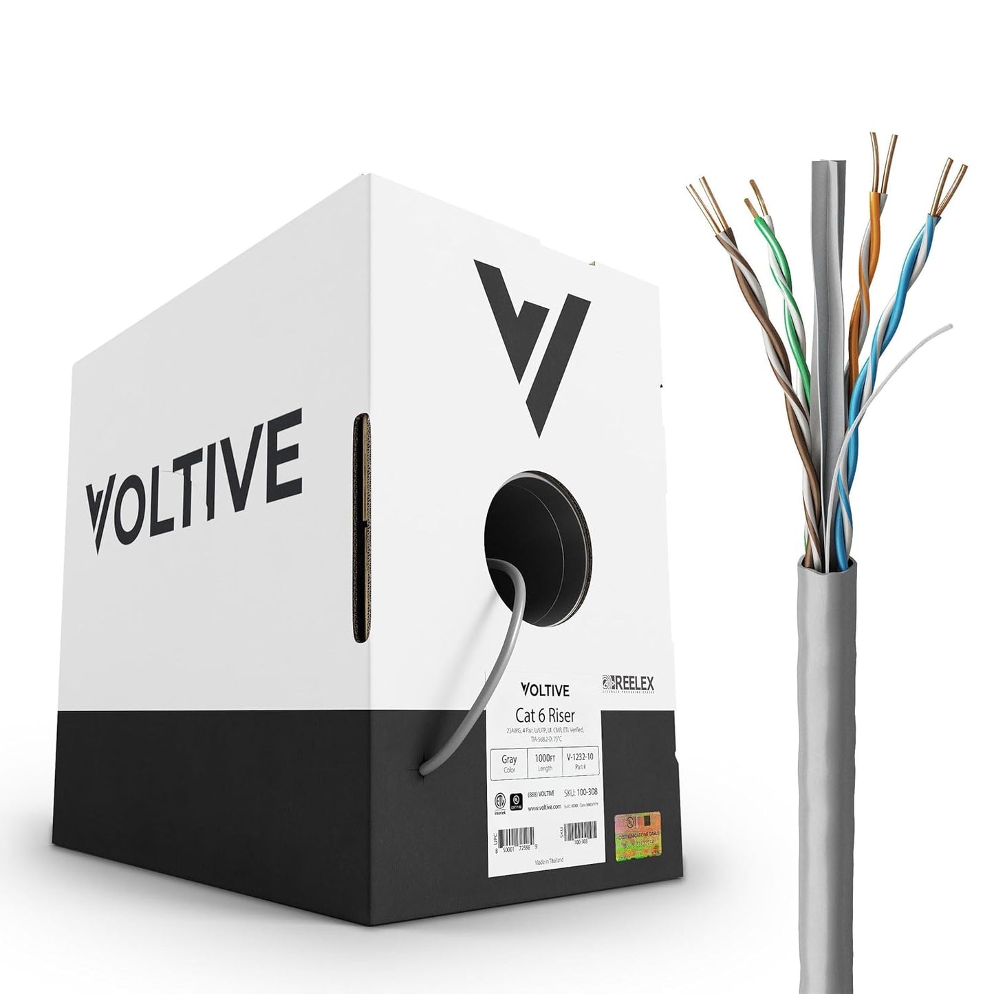 Voltive Cat6 Riser 1000ft Solid Bare Copper Ethernet Cable