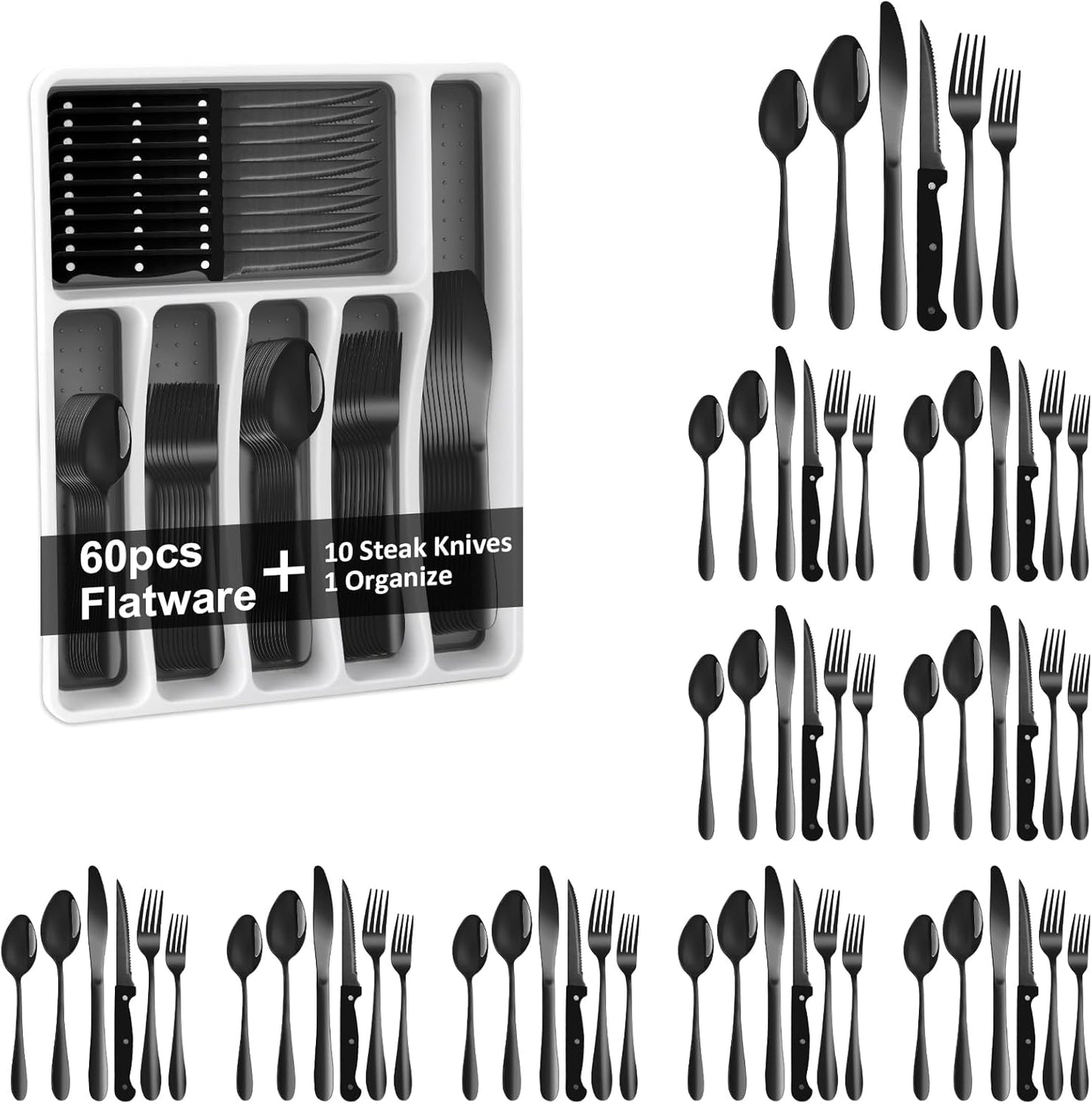 61Pcs Silverware Set with Organizer for 10, Stainless Steel Flatware