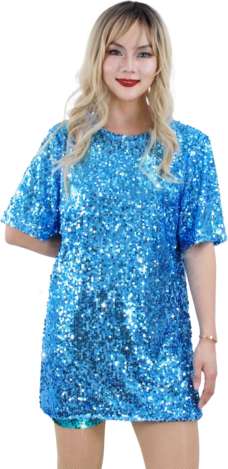 Sequin T-Shirt Dress Sparkly Casual Short Sleeve Party Outfit