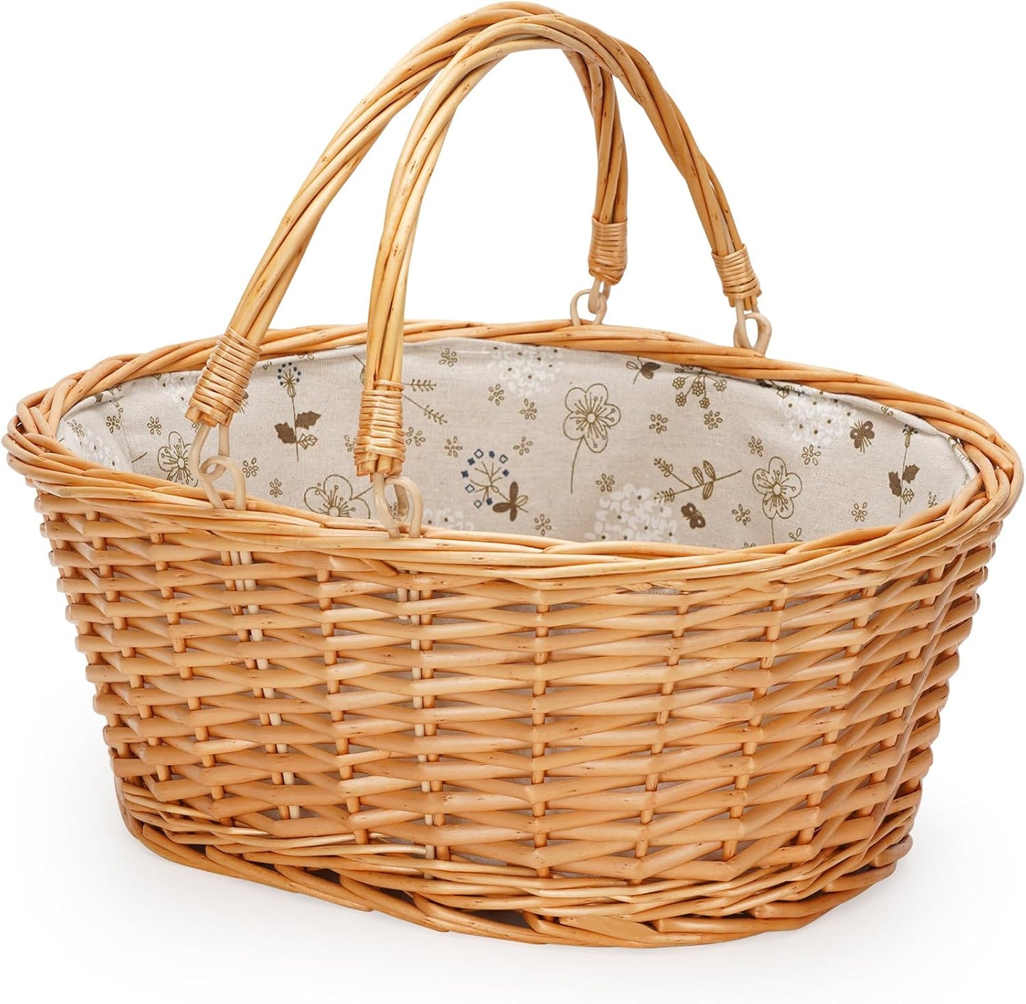 Wicker Picnic Basket with Double Folding Handles for Storage