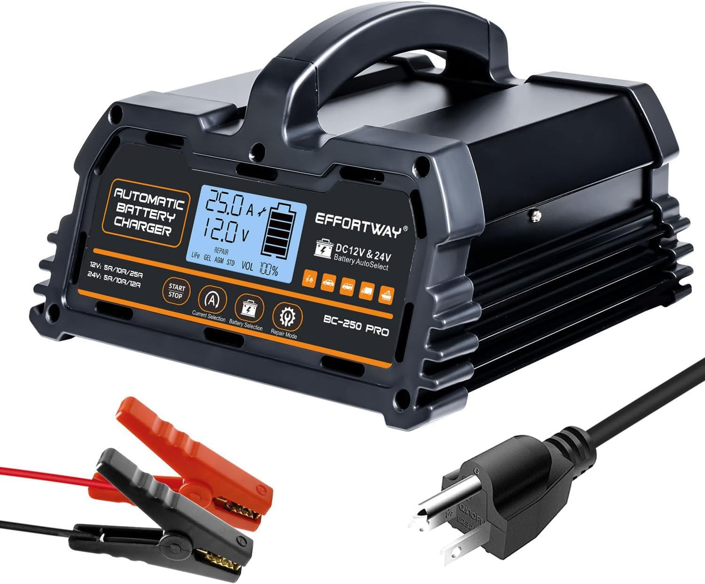 EFFORTWAY Smart 25A Battery Charger - Optimal Charging for Vehicles