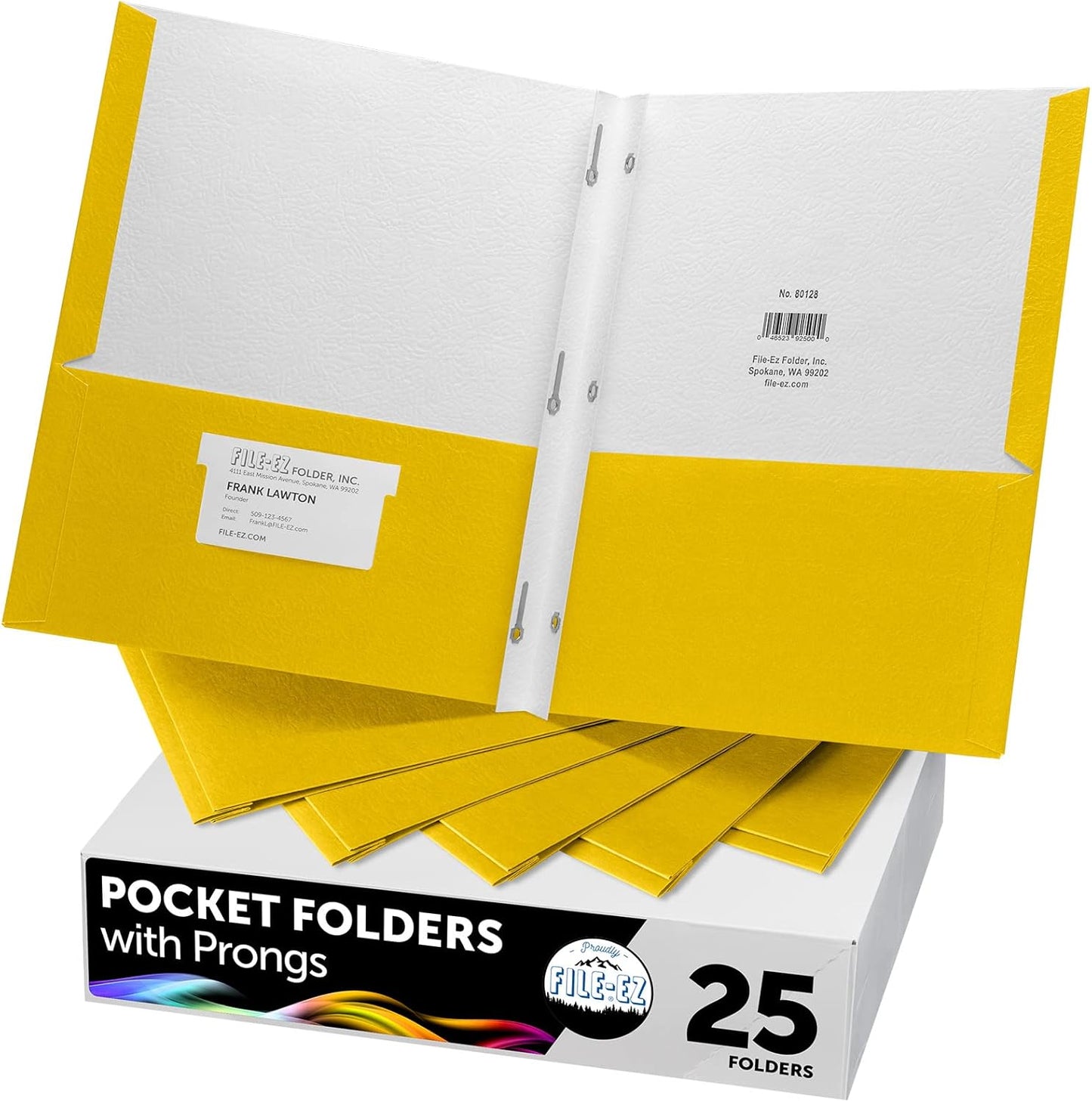 FILE-EZ Two-Pocket Folders with 3-Prong Fasteners, Yellow