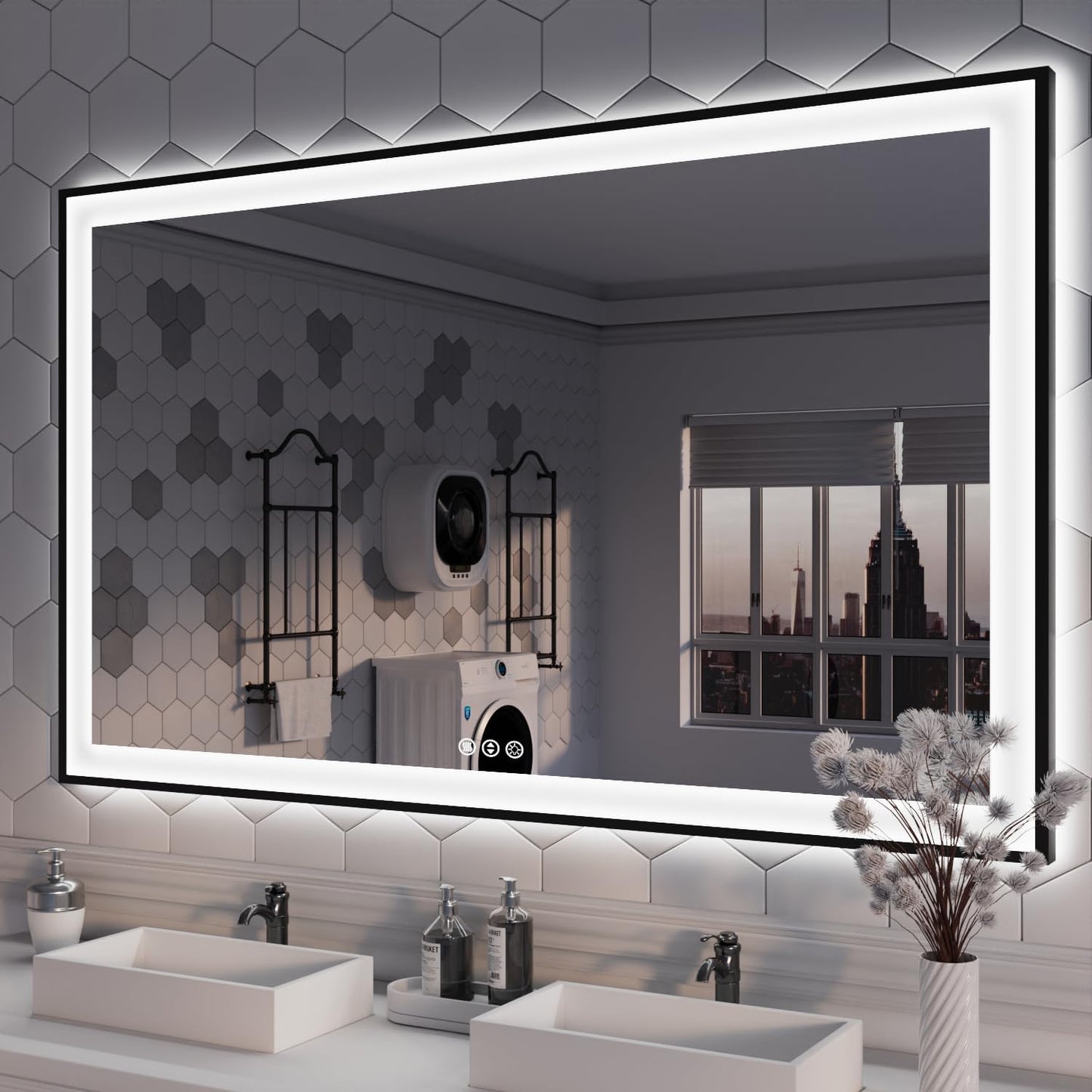 ISKMs 57x36 Framed LED Bathroom Mirror with Dimmable Lights