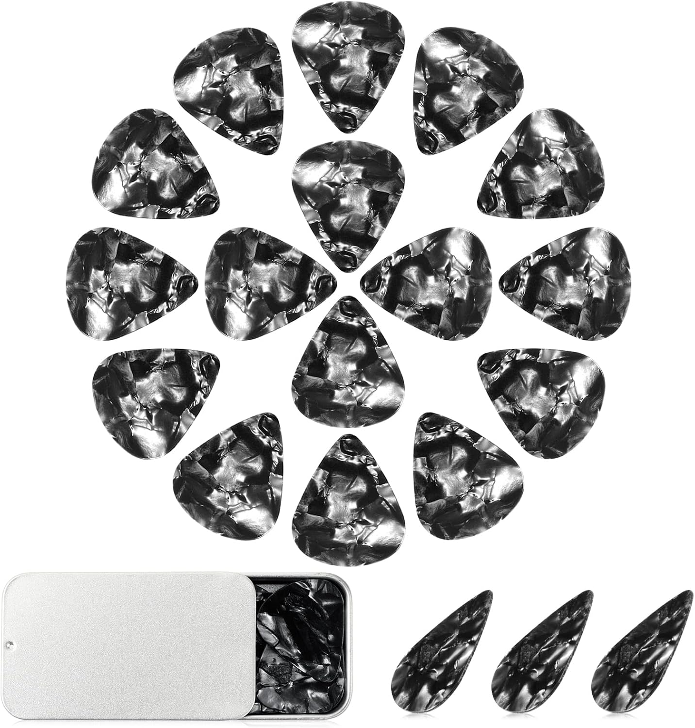Augshy 36 Black Celluloid Guitar Picks Set - Organized Storage Box, Ideal for Multiple Instruments!