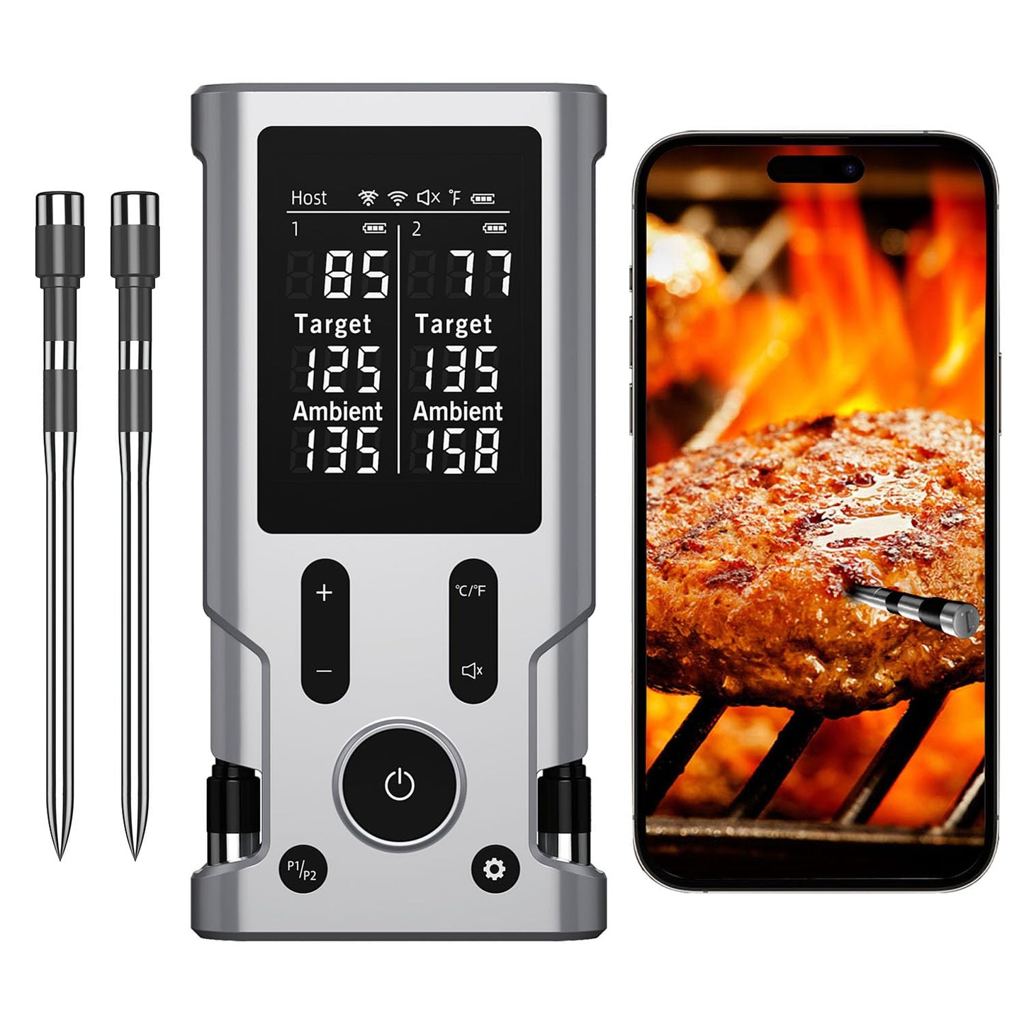 800FT Bluetooth Meat Thermometer - Dual Probes, LCD Display