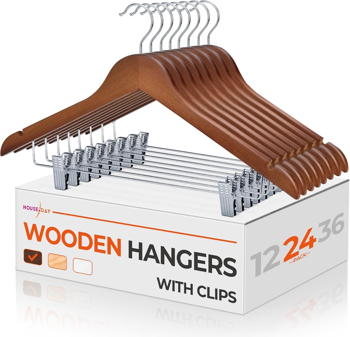 HOUSE DAY Walnut Wooden Hangers 24 Pack with Durable Clips