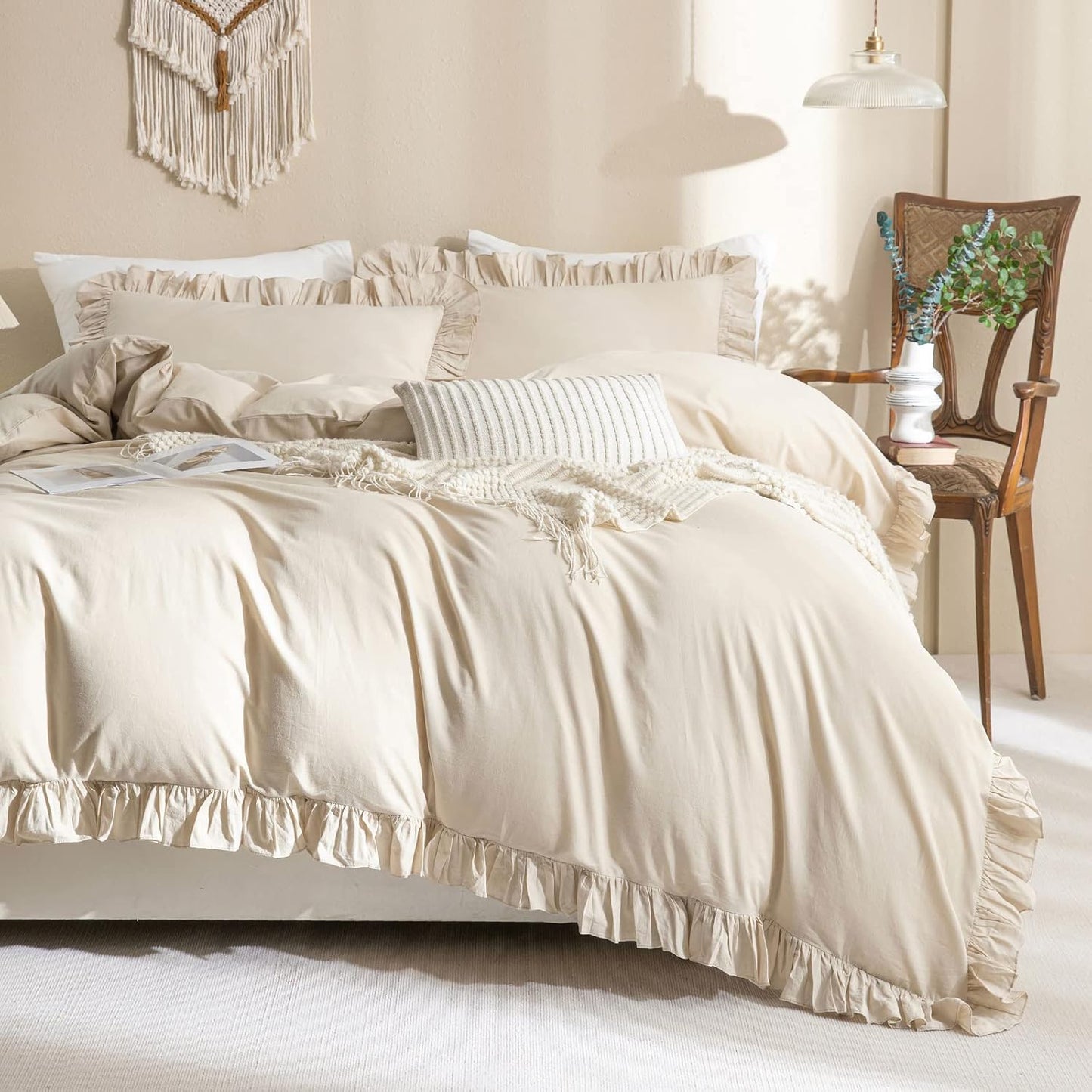QSH Washed Cotton Duvet Cover King Ruffle Bedding Set for Chic Style