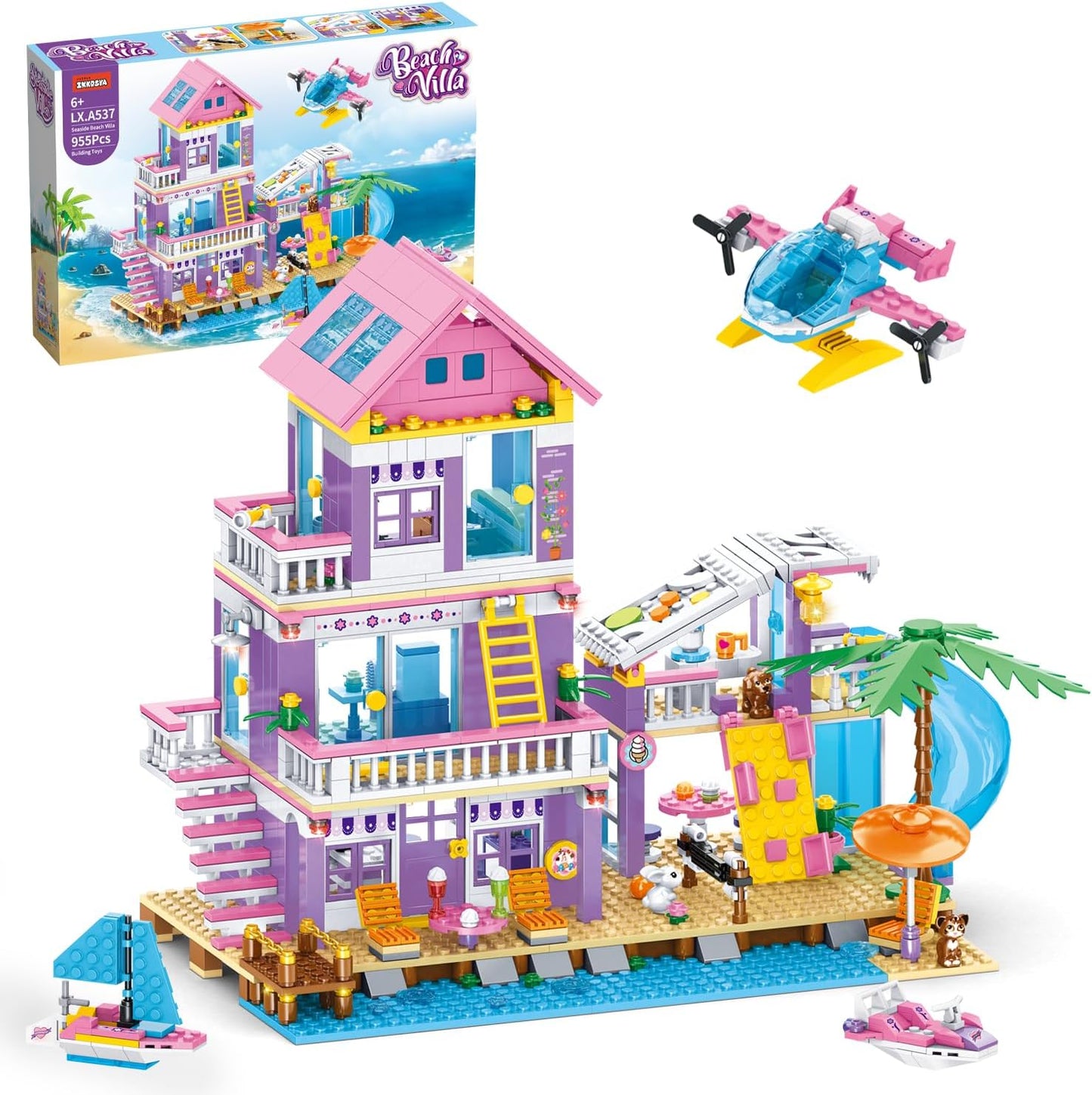 955-Pc Friends Seaside Villa STEM Brick Kit for Kids 6-12+: Helicopter, Sailboat, Yacht!