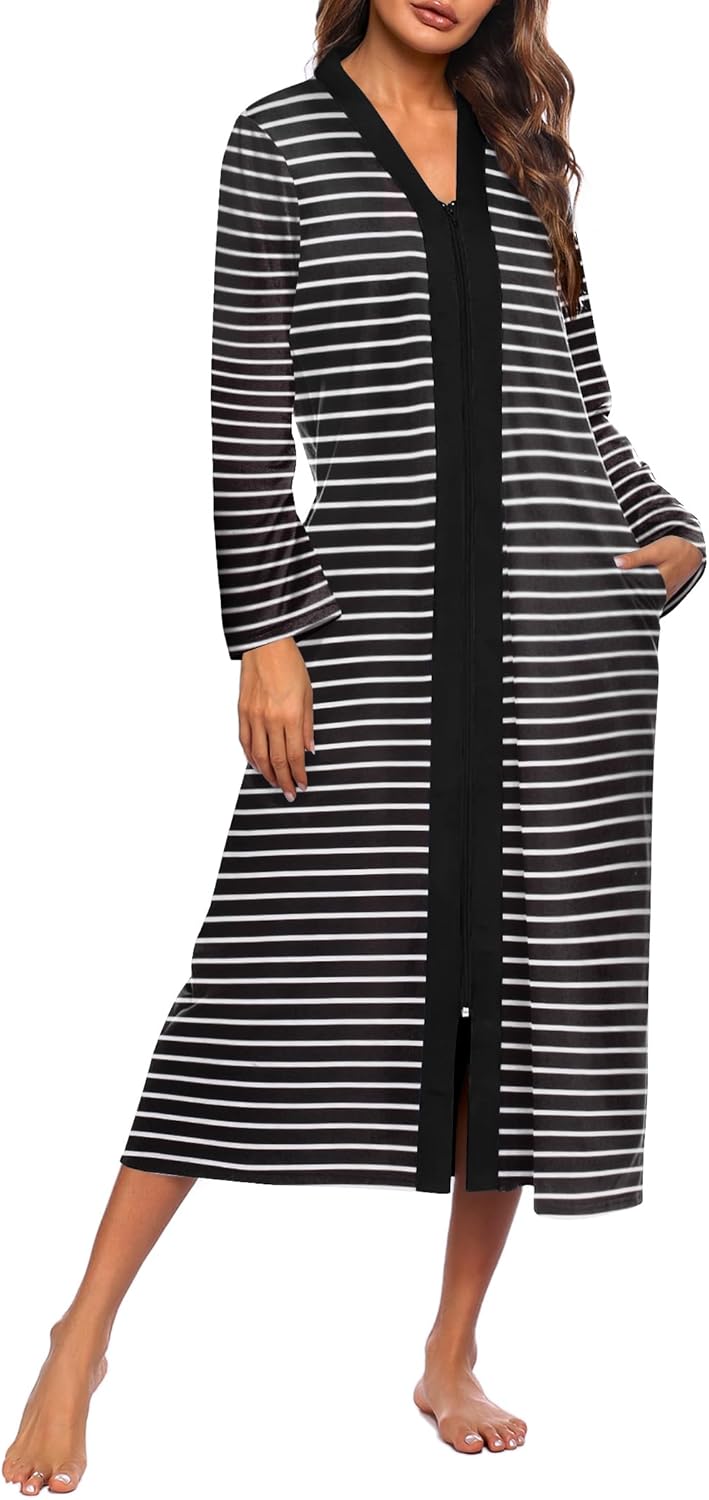 Ekouaer Women Zipper Robe Long Sleeve Lightweight Housecoat