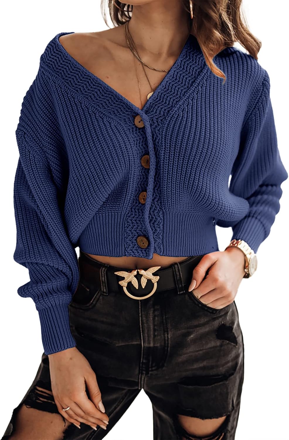 Febriajuce Women's Long Sleeve V-Neck Button Down Cardigan
