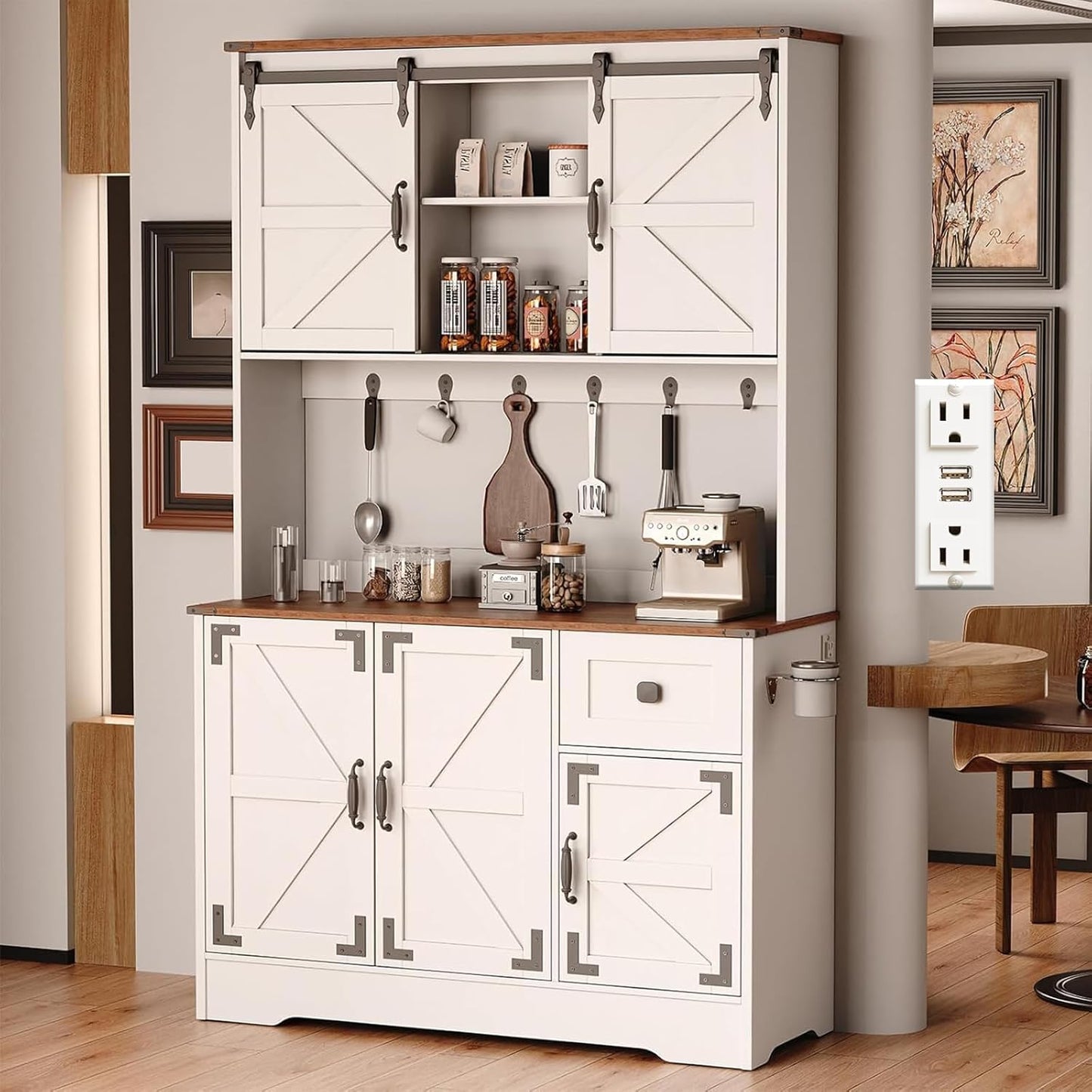 Farmhouse Kitchen Pantry Cabinet with Charging Station