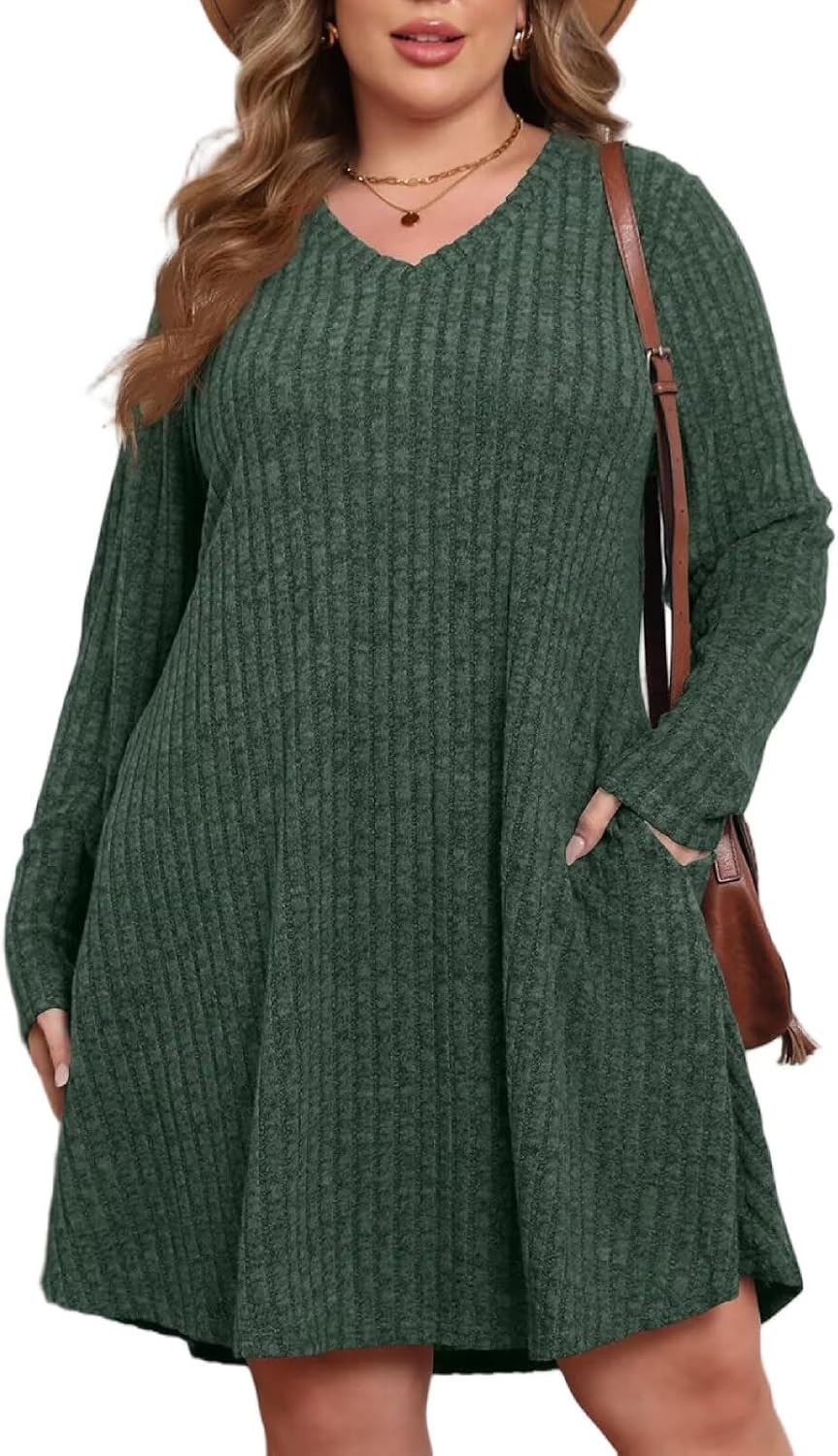 Plus Size Sweater Dress for Women with Pockets and V Neck