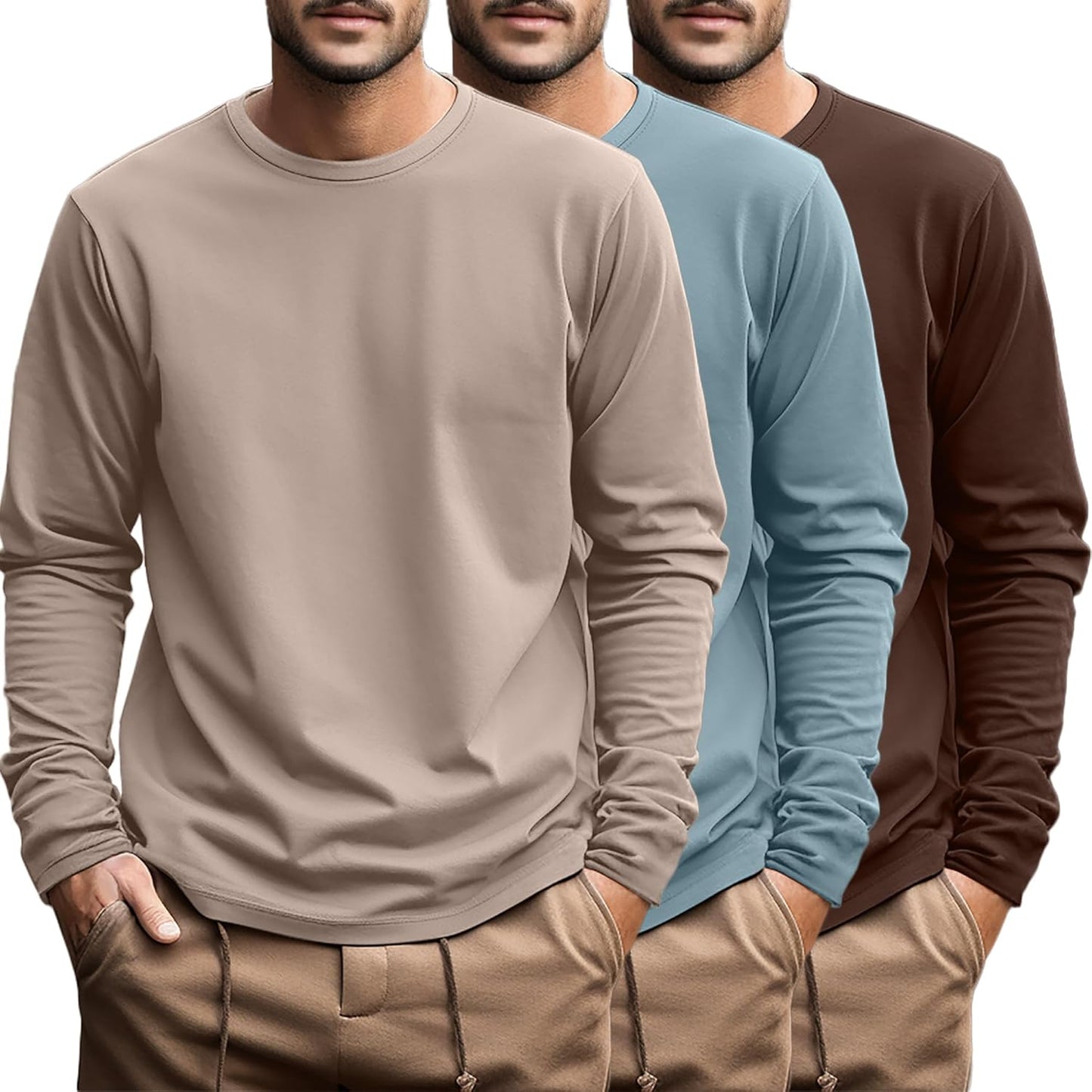 Men's Big and Tall Long Sleeve Cotton Tee 3 Pack Casual Tops