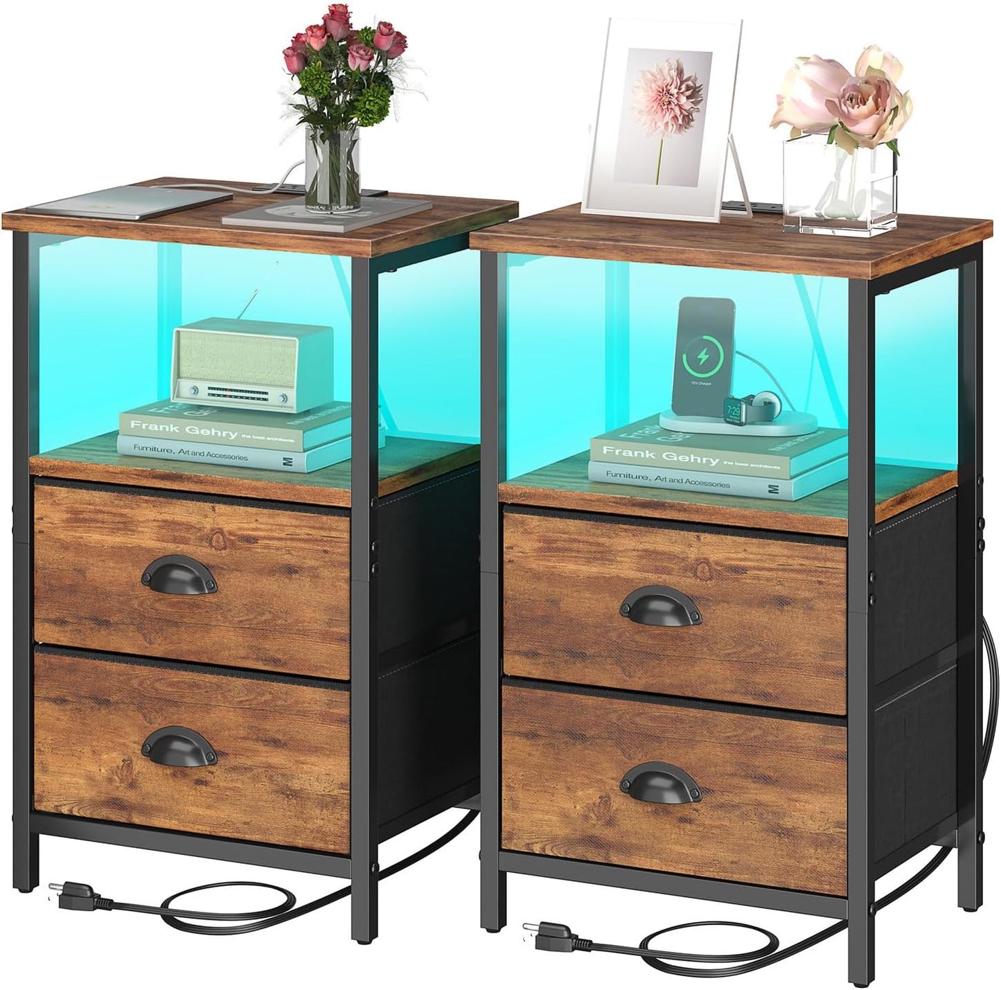 Rustic Brown Industrial Nightstand Set of 2 with LED Light