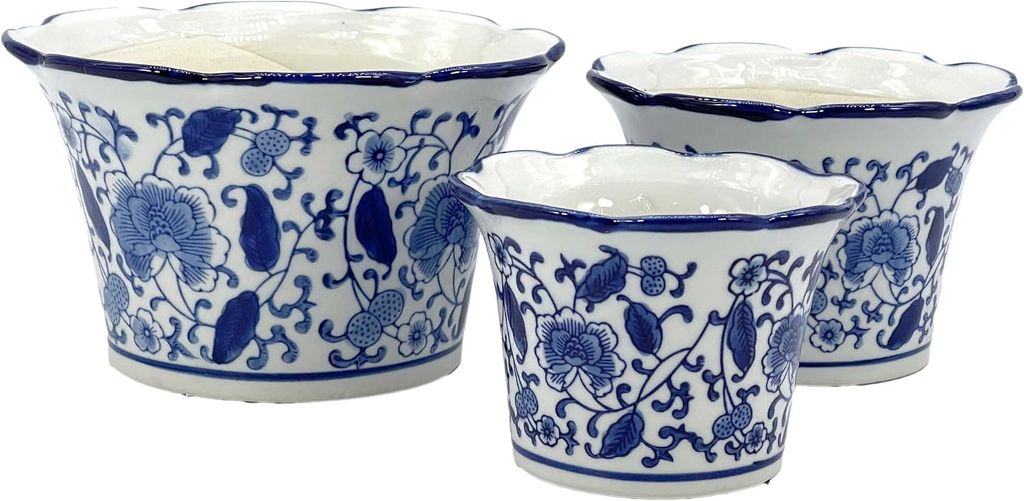 Blue & White Floral Ceramic Decorative Flower Pot Set of 3