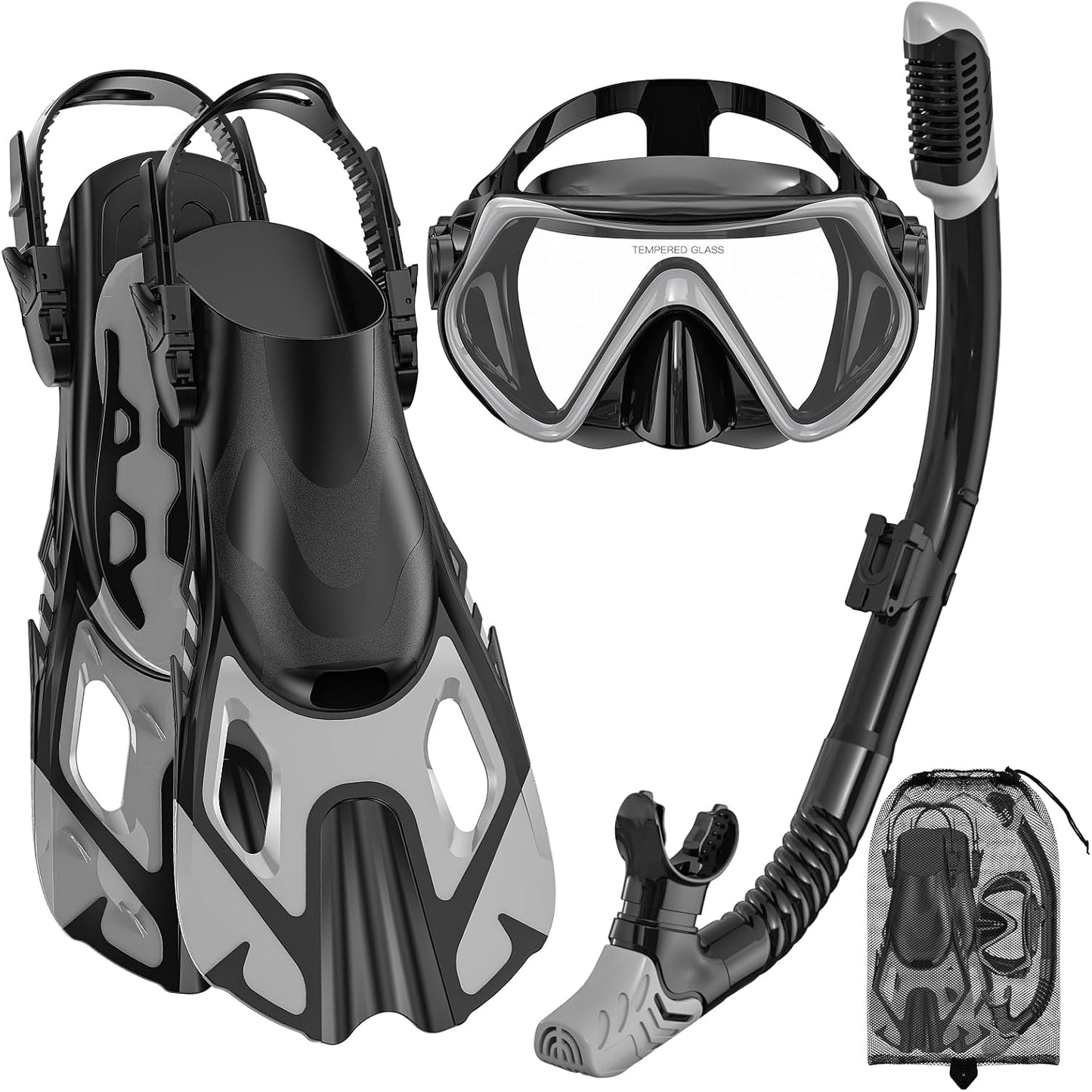 Snorkeling Gear for Adults with Adjustable Fins 8-11 - Travel Kit