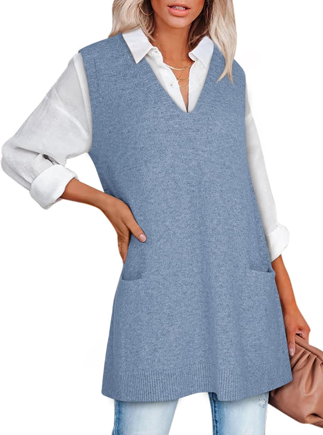 Oversized V Neck Sweater Vest for Women with Pockets