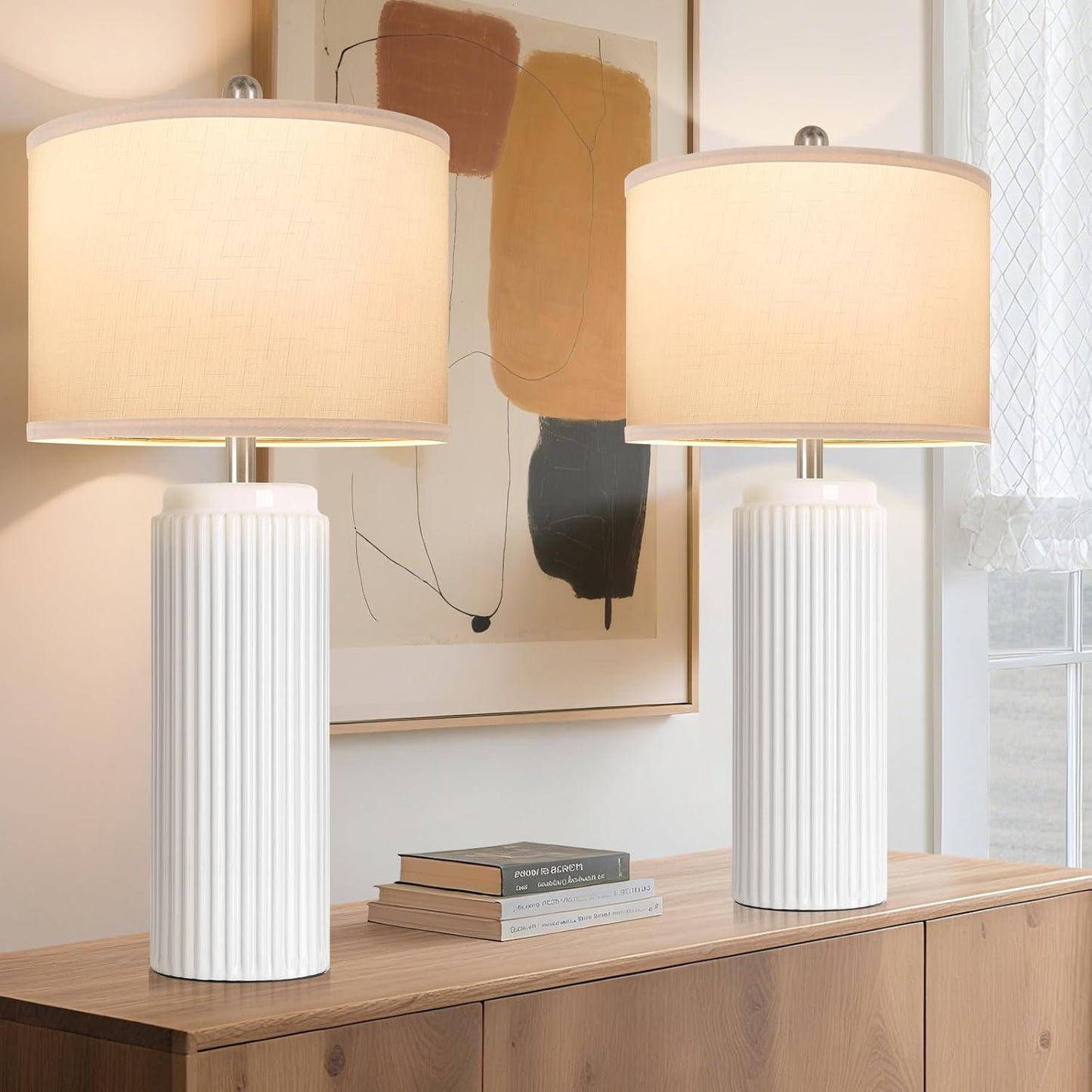 Modern White Ceramic Lamps Set of 2 for Living Room Decor