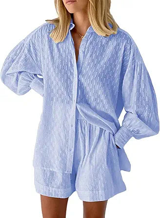 HAPCOPE Women's 2 Piece Outfits with Oversized Blouse and Shorts