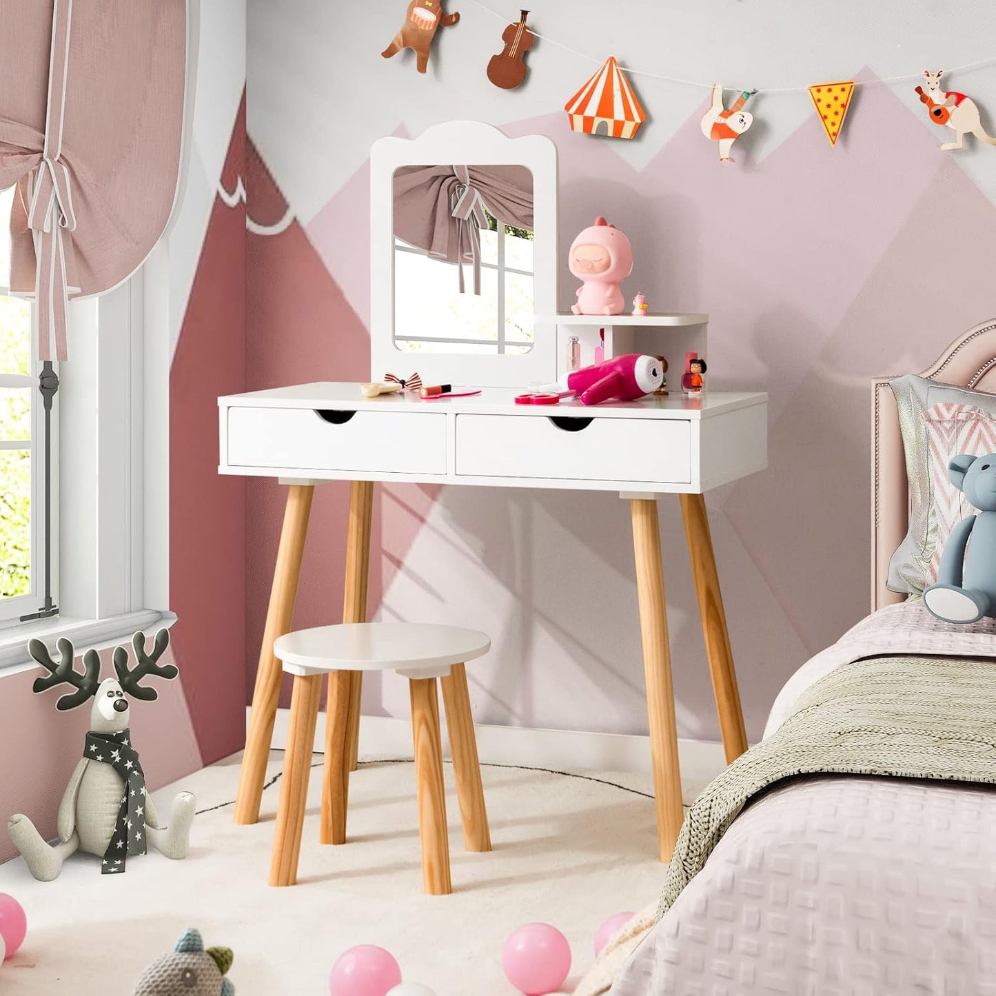 Costzon Kids Vanity Set with Mirror and Stool for Little Girls