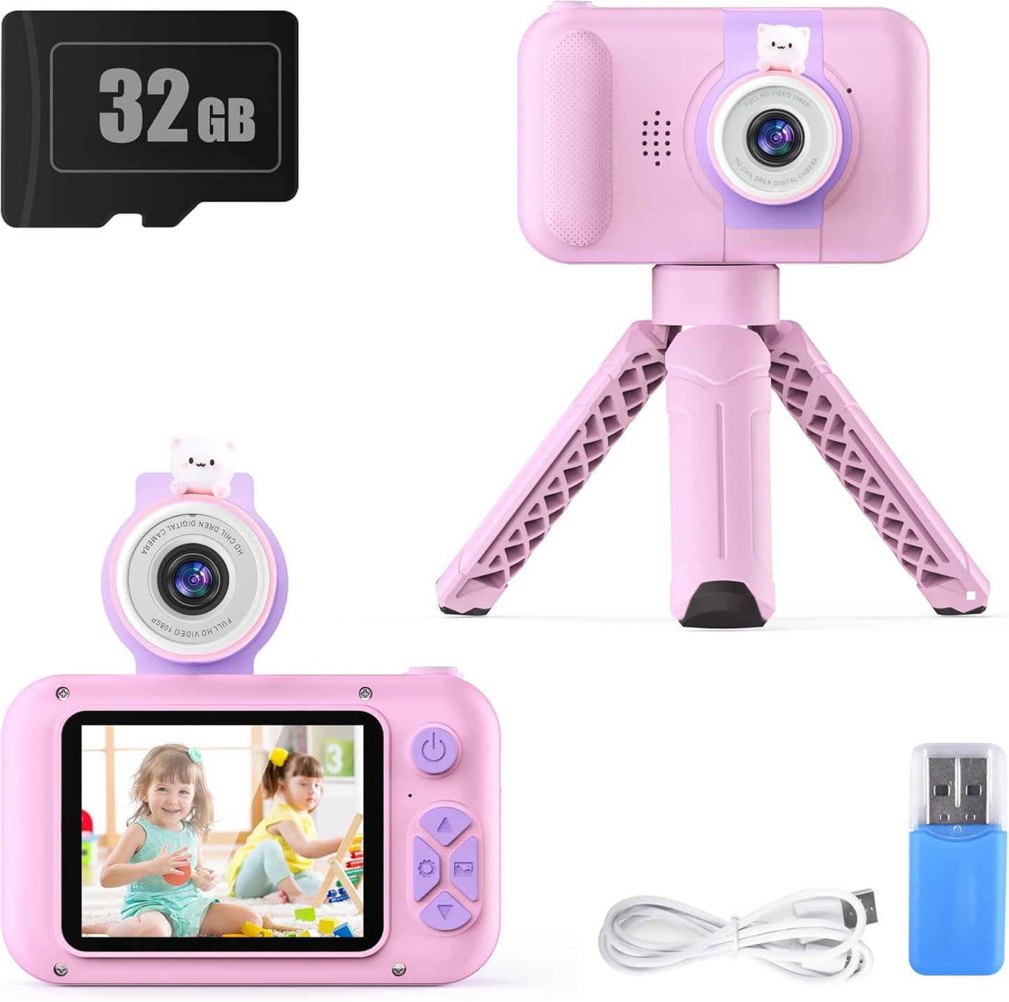 HD Kids Camera with Selfie Lens & 32GB SD - Perfect Gift for Ages 3-8!