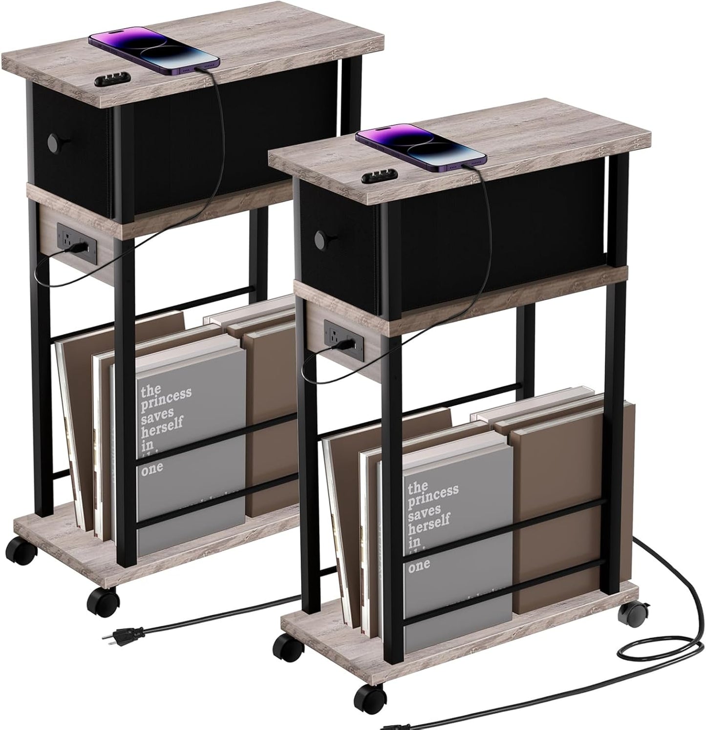 Side Table Set of 2 with Charging Station and Drawer for Small Spaces