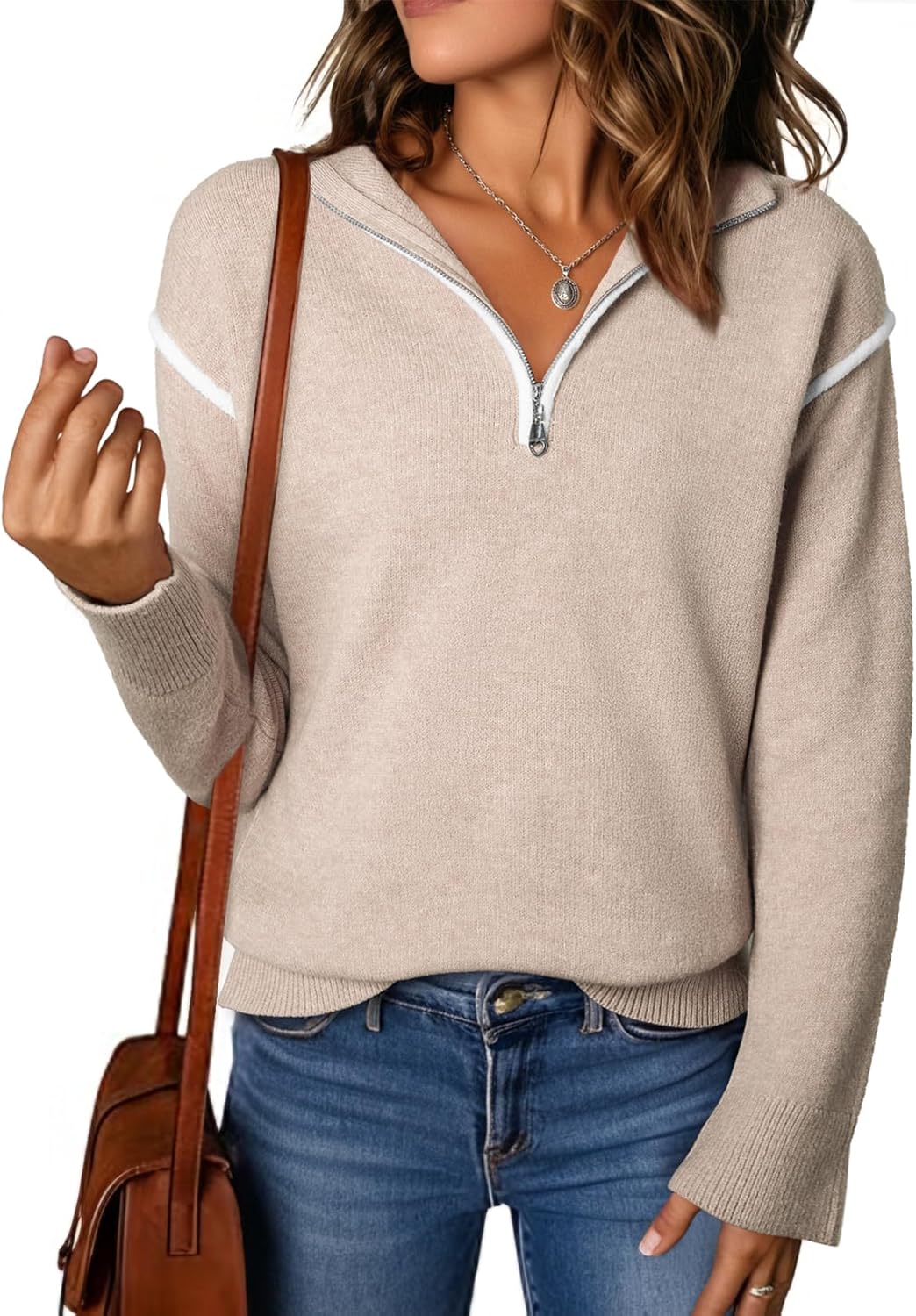 EVALESS Womens V Neck Long Sleeve Quarter Zip Sweater for Fall