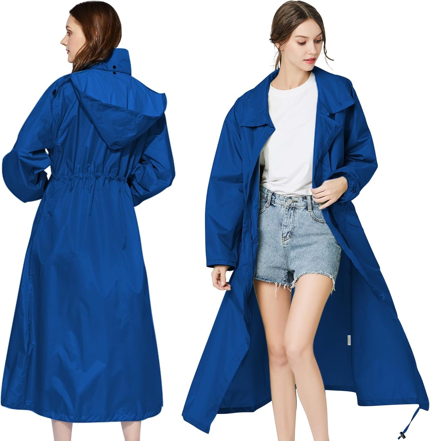 Womens Long Raincoats Waterproof Packable Hooded Windbreaker